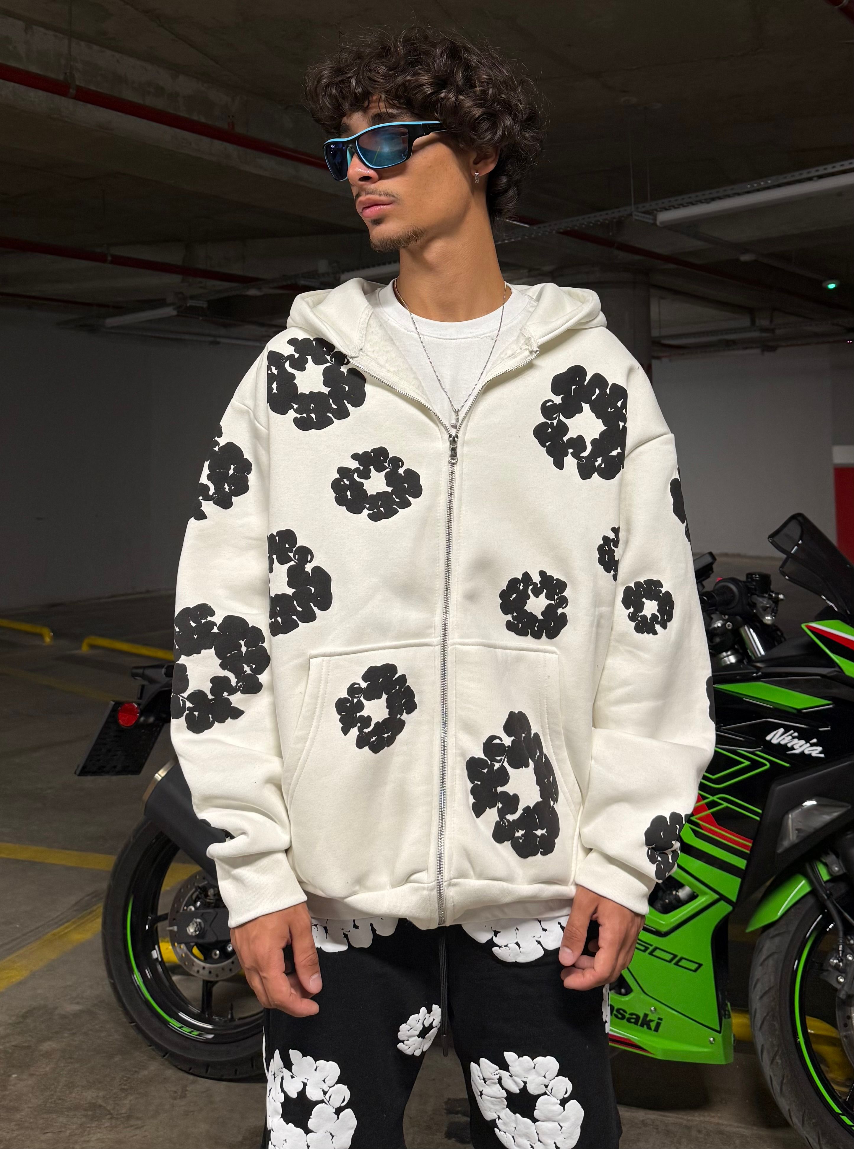 D. Tears Baskılı Oversize Zipp Hoodie - Beyaz