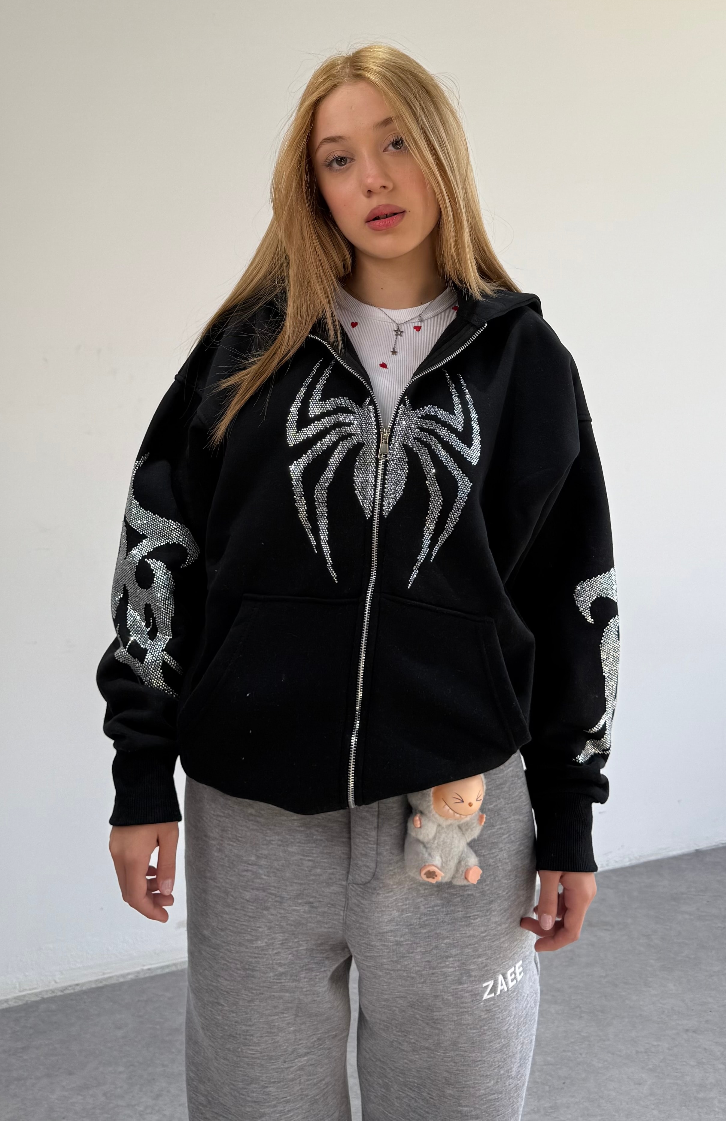 Spider Taşlı Oversize Fermuarlı Hırka