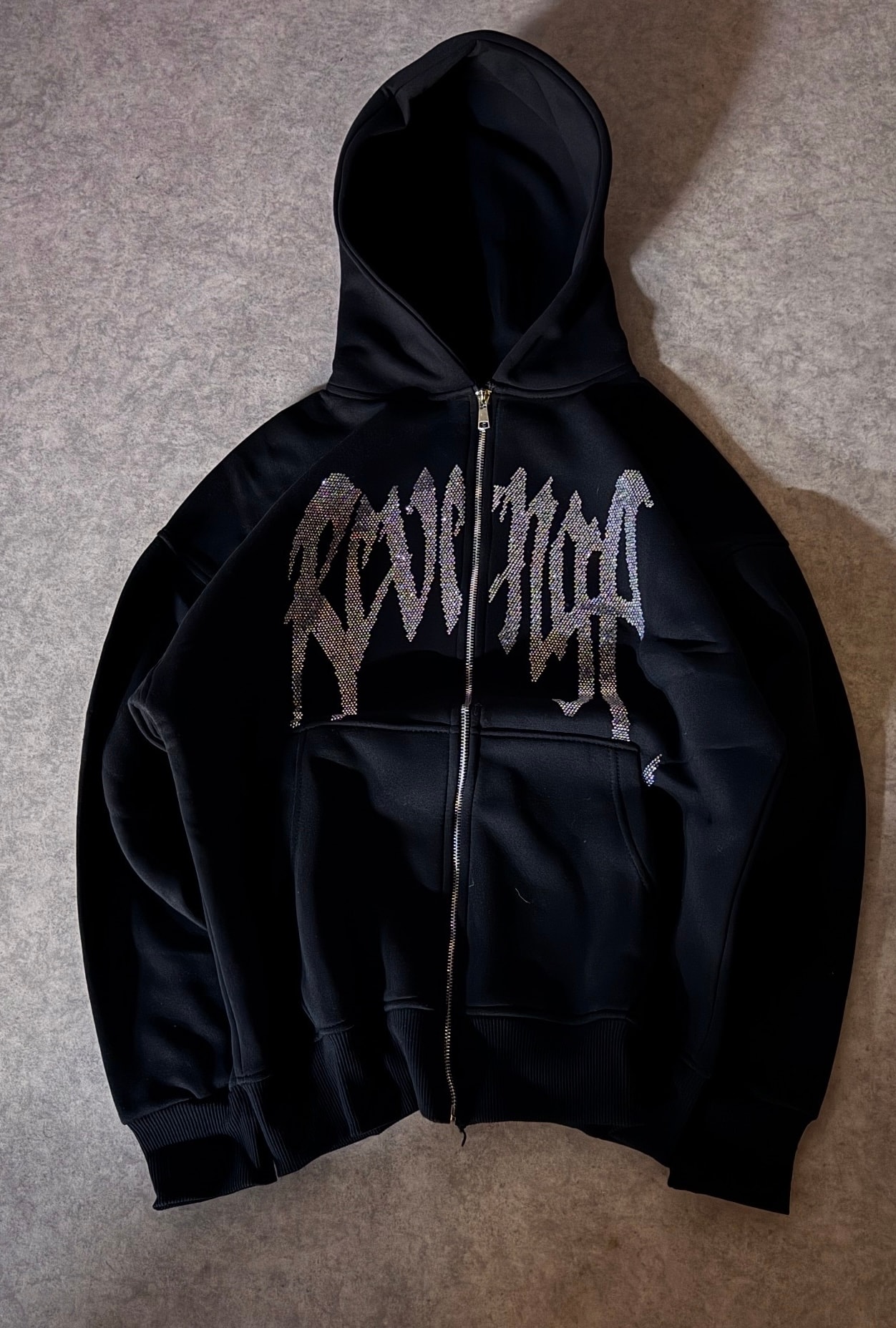 Revenge Taşlı Oversize Premium Zipp Hoodie  - Siyah/Bayaz