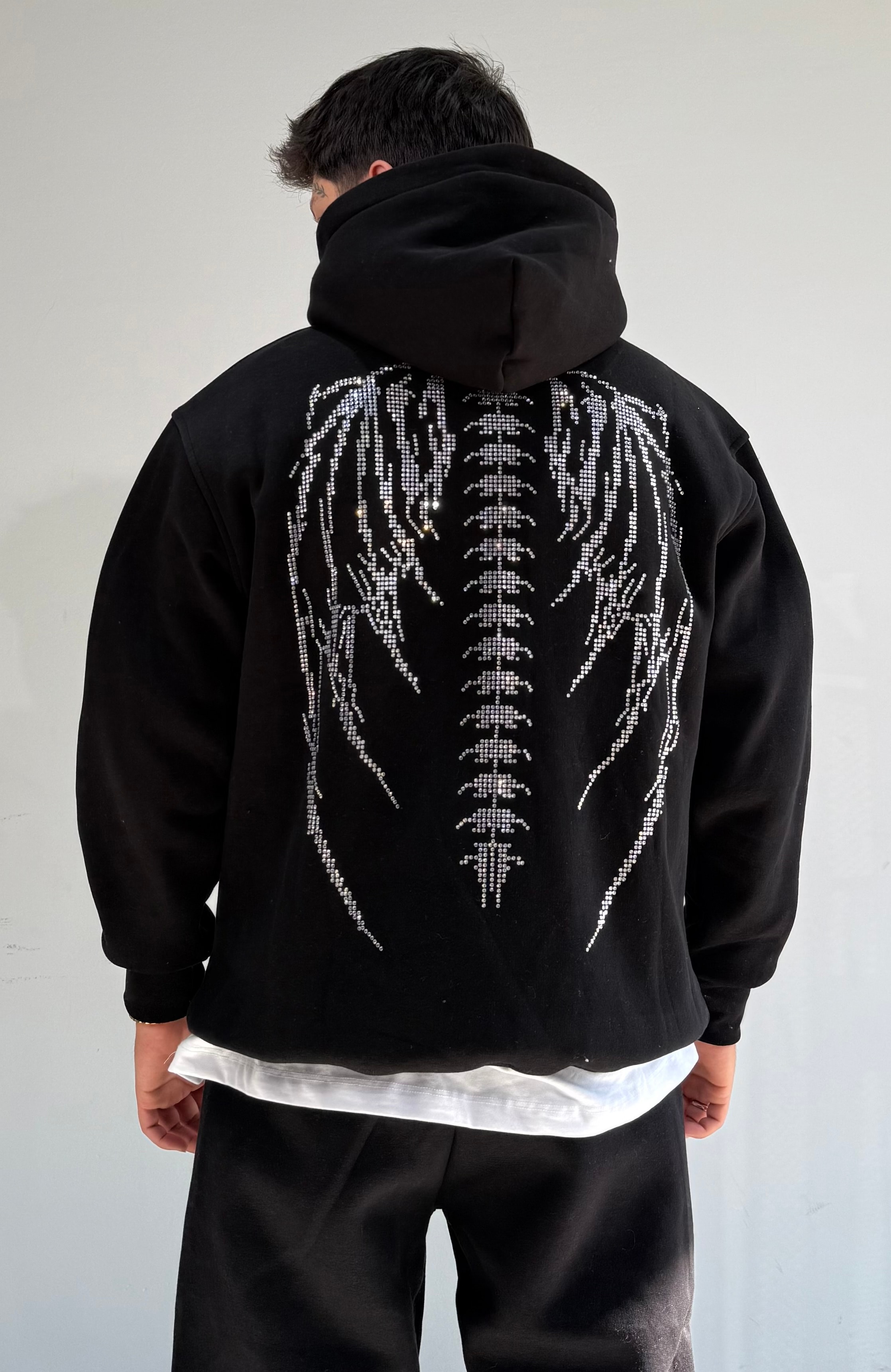 Kışlık Kumaş Oversize Premium Kanatlı Sweatshirt - Siyah