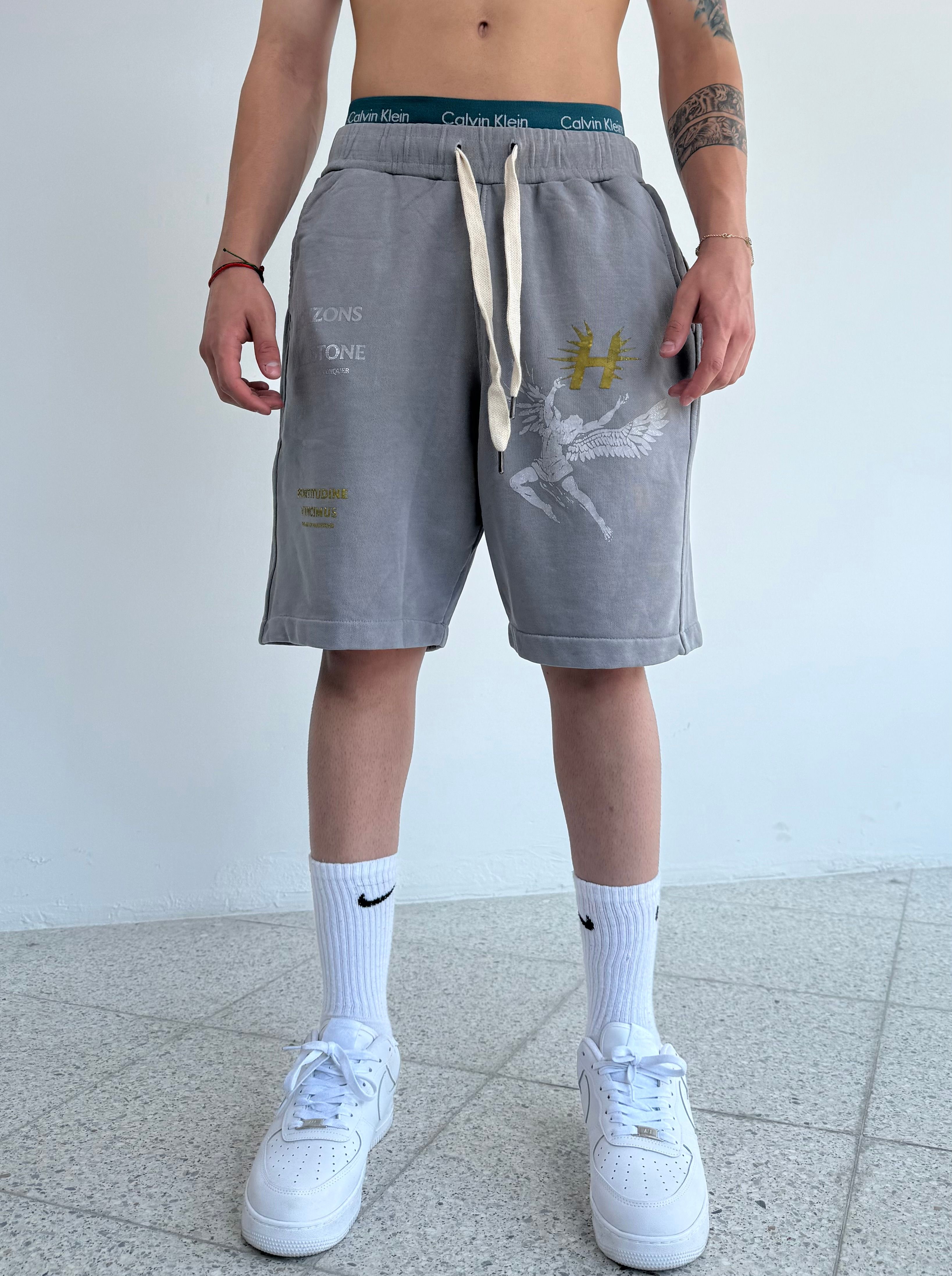 H Baskılı Oversize premium Şort  - Yıkamalı Antrasit