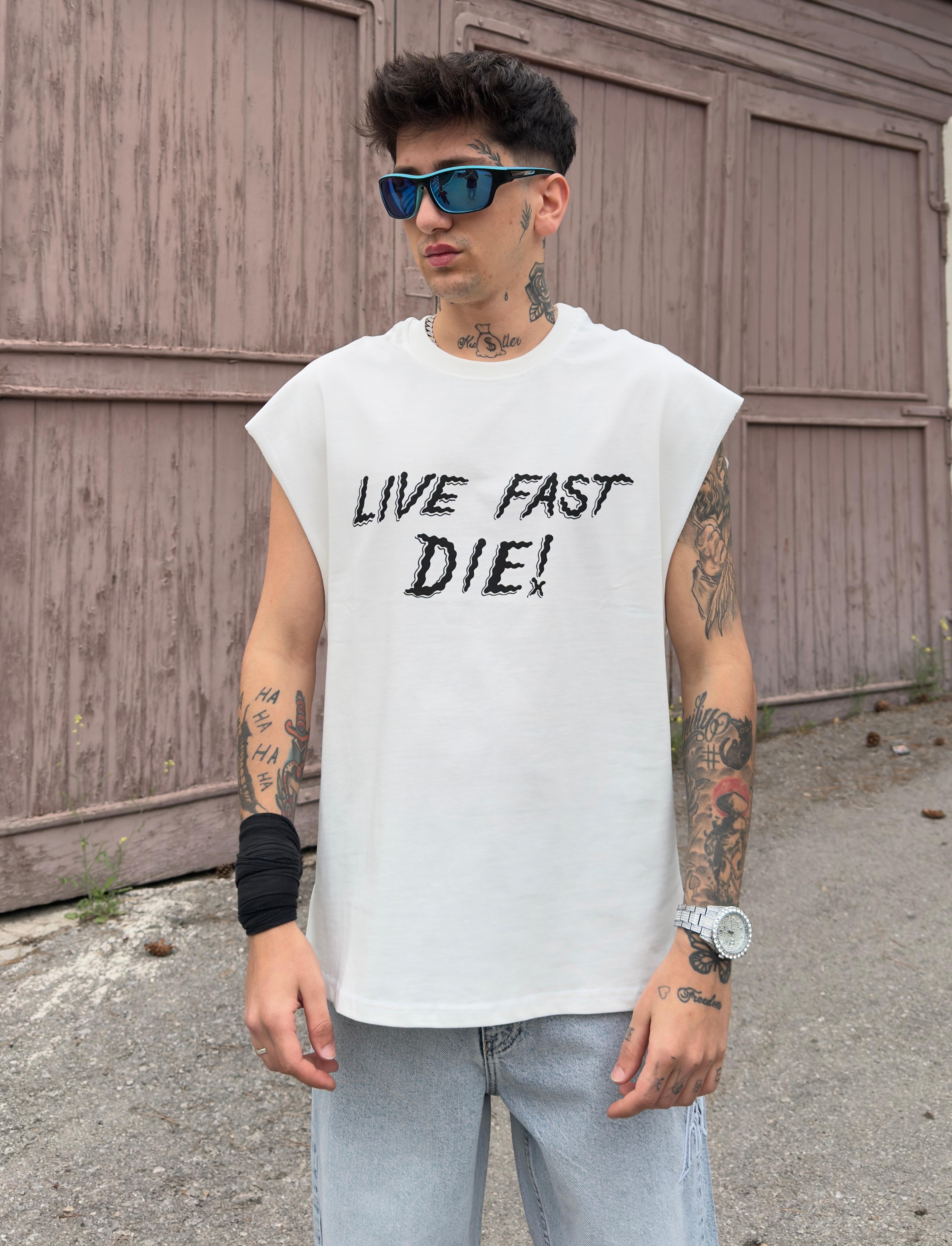 Live Fast Dıe Baskılı Sıfır kol Oversize Tişört - Beyaz