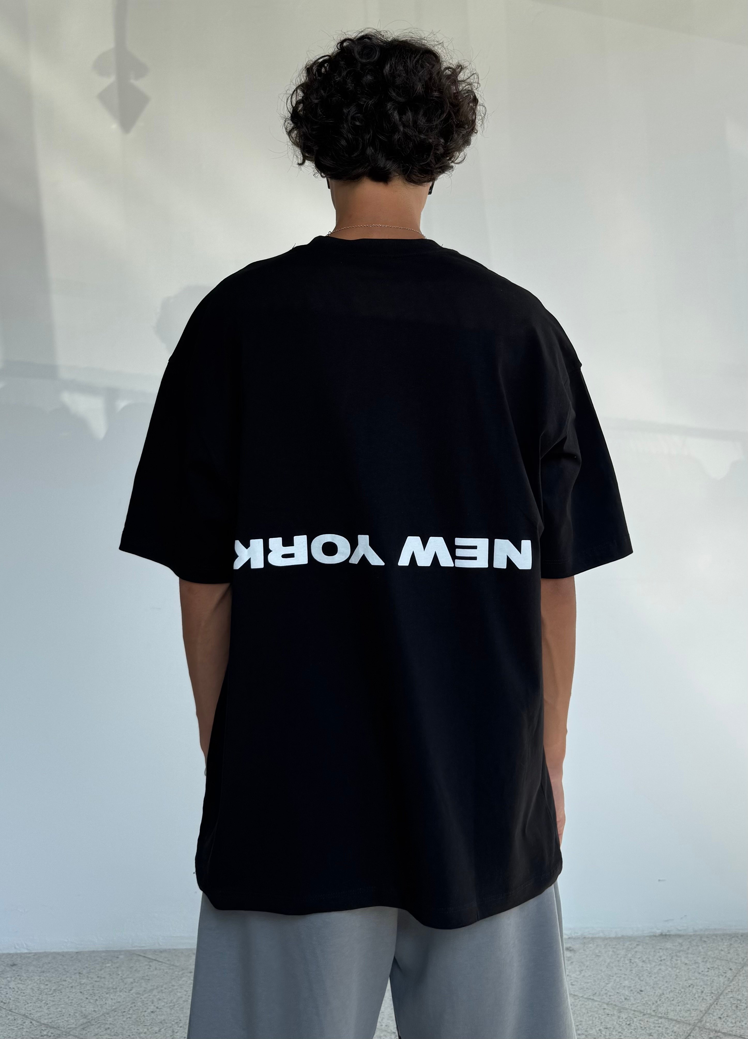 NW YORK Baskılı Crop Boy Oversize Tişört - Siyah