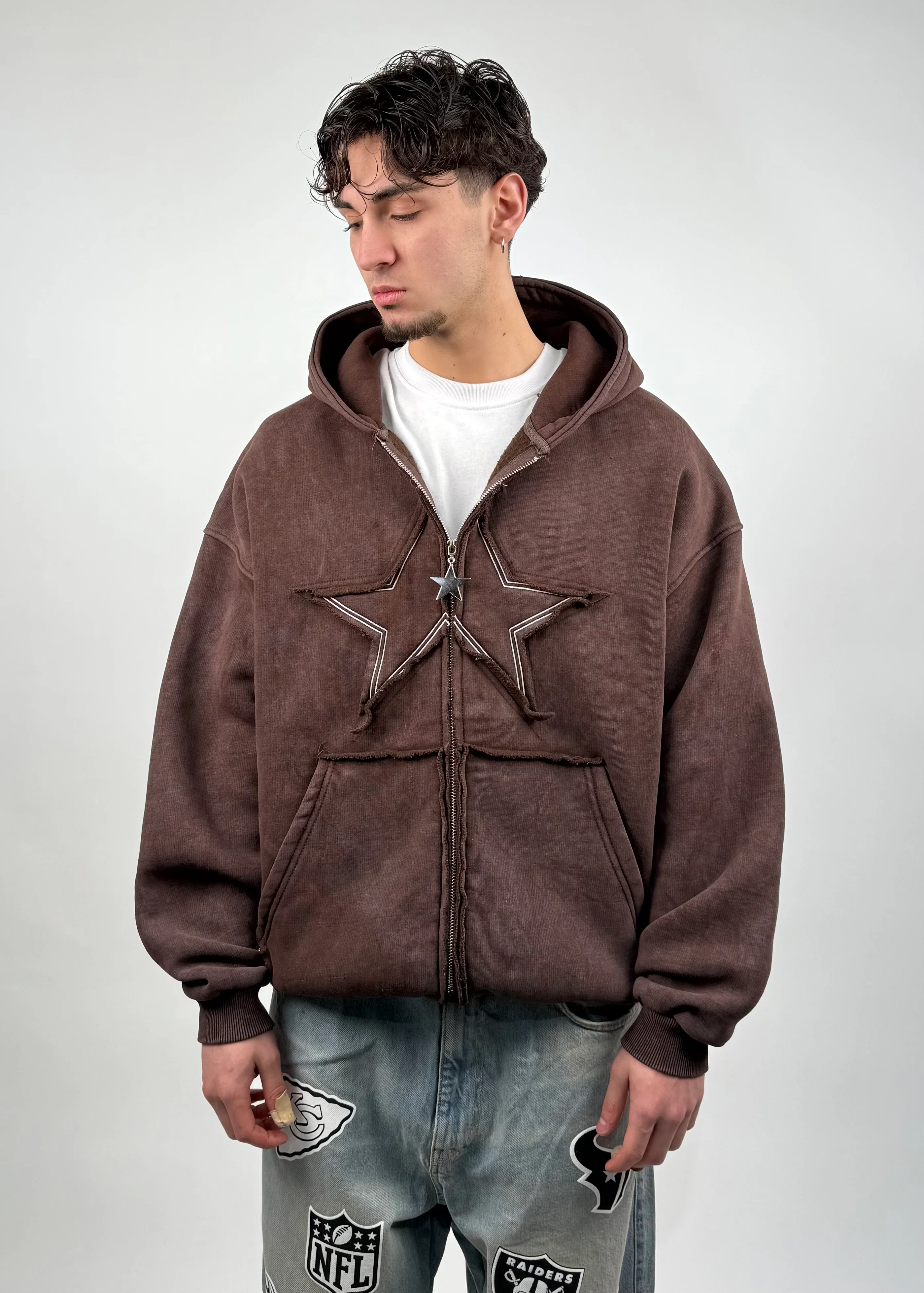 【sweet】 Star Oversize Acıd Wash Zipp Hoodie
