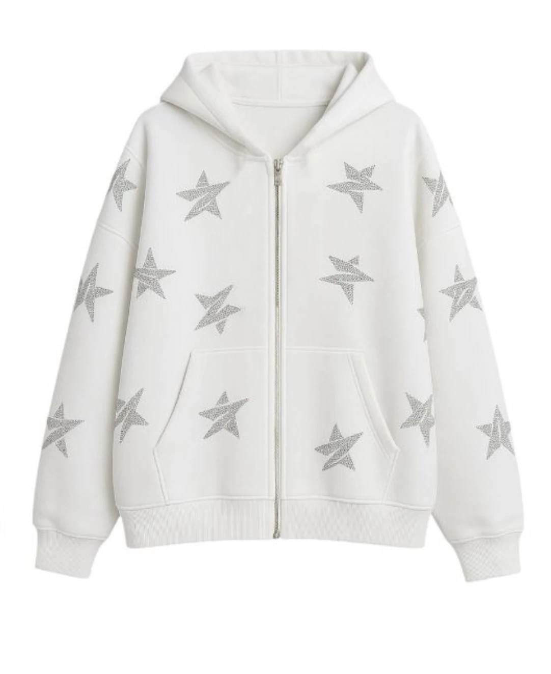 Star Oversize Premium Zipp Hoodie - Beyaz