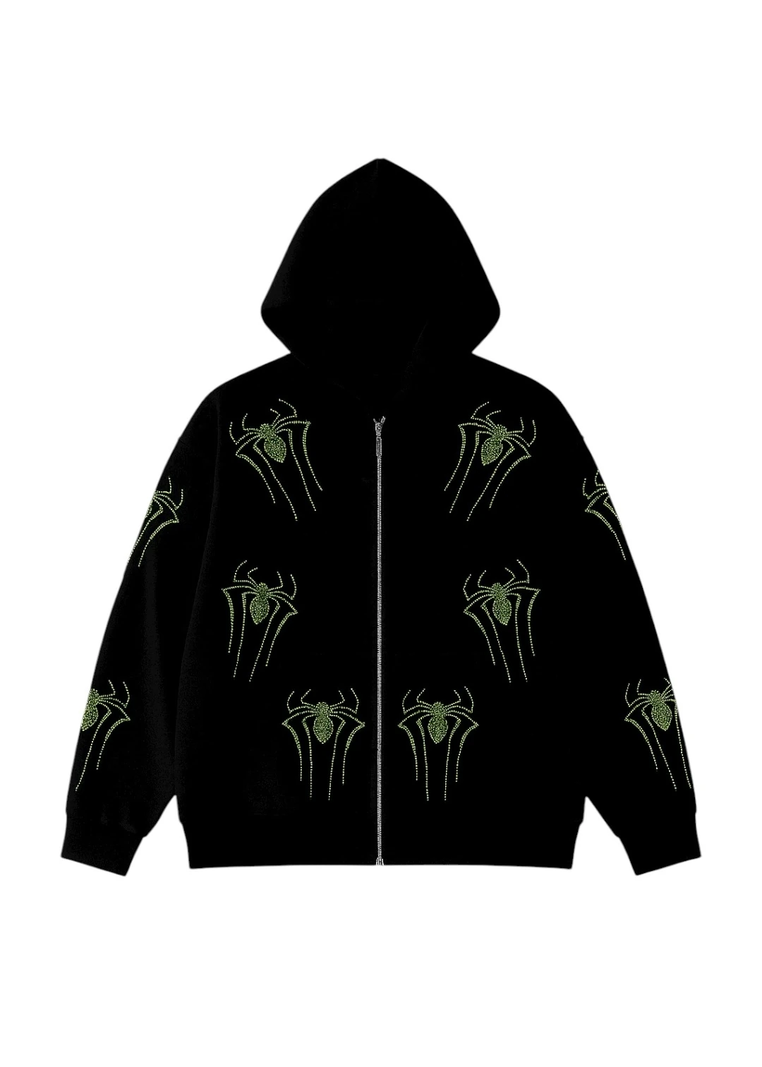 Özel Seri Spider Taşlı Oversize Zipp Hoodie - yeşil