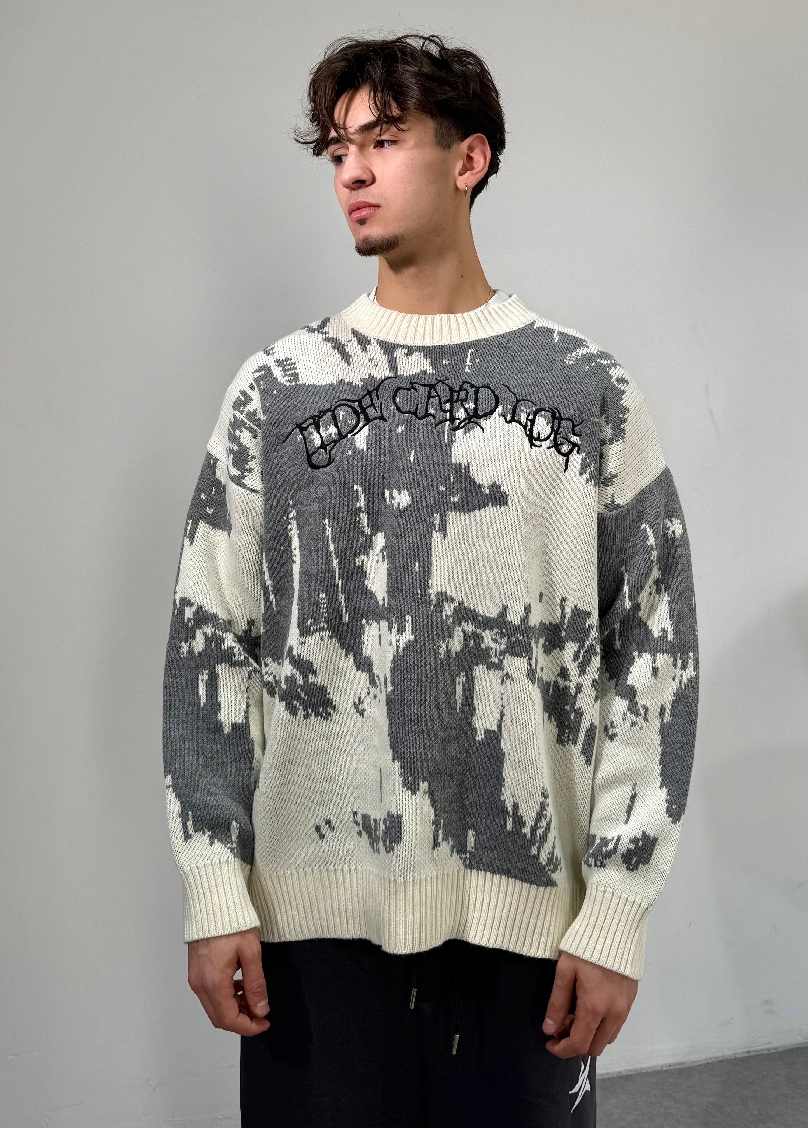 Desenli Nakışlı Oversize Triko kazak  - Siyah