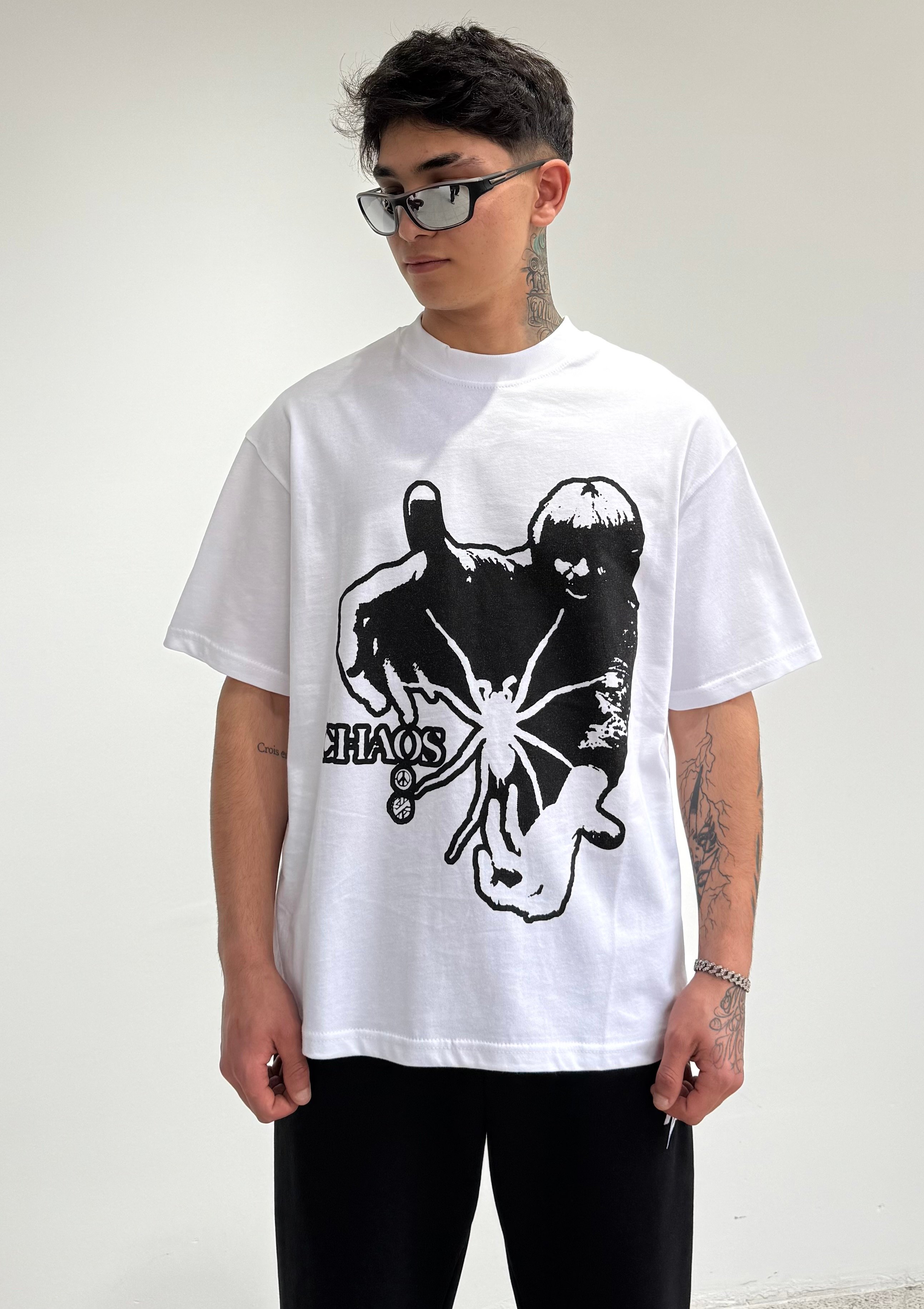 CHAOS Baskılı Oversize Tişört  - Beyaz