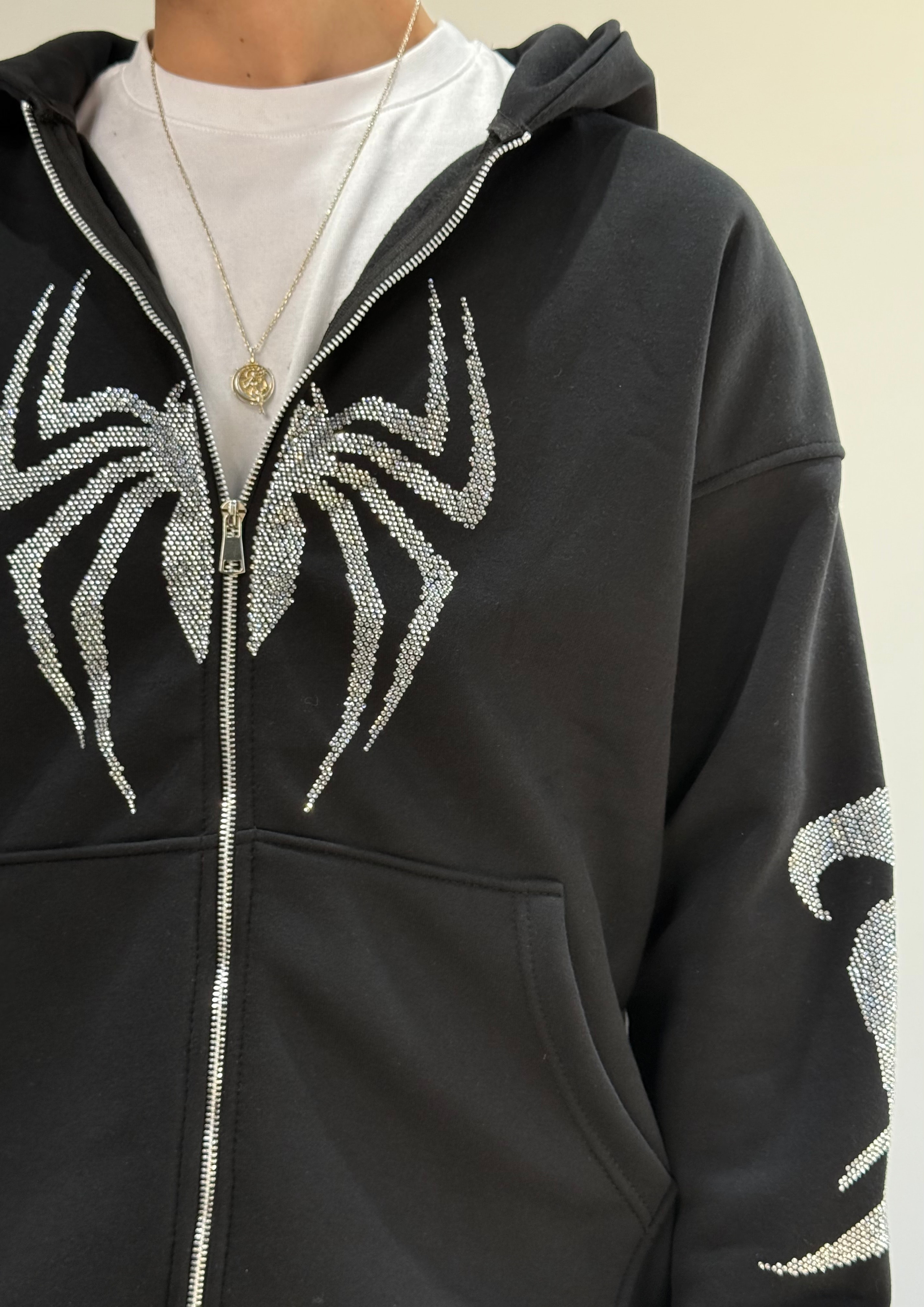 Spider Taşlı Oversize Fermuarlı Hırka