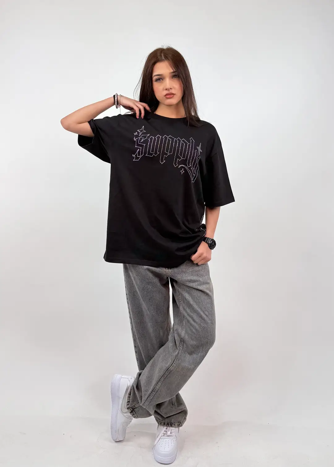 その他 salsation Oversize French Terry Top Supply Taşlı Oversize Tişört