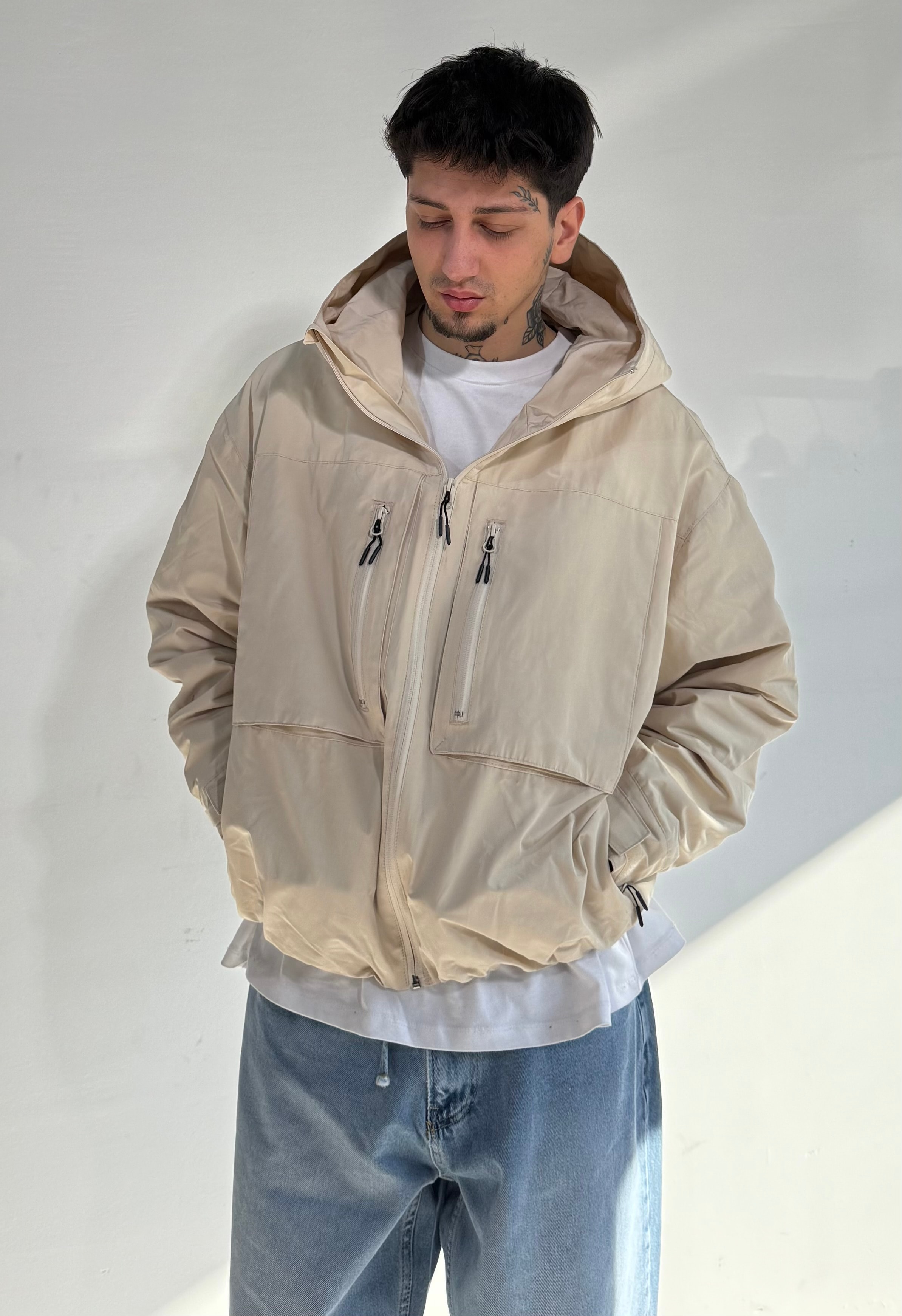 Crop Boy Oversize Astarlı Kapüşonlu Premium Yağmurluk Ceket  - krem