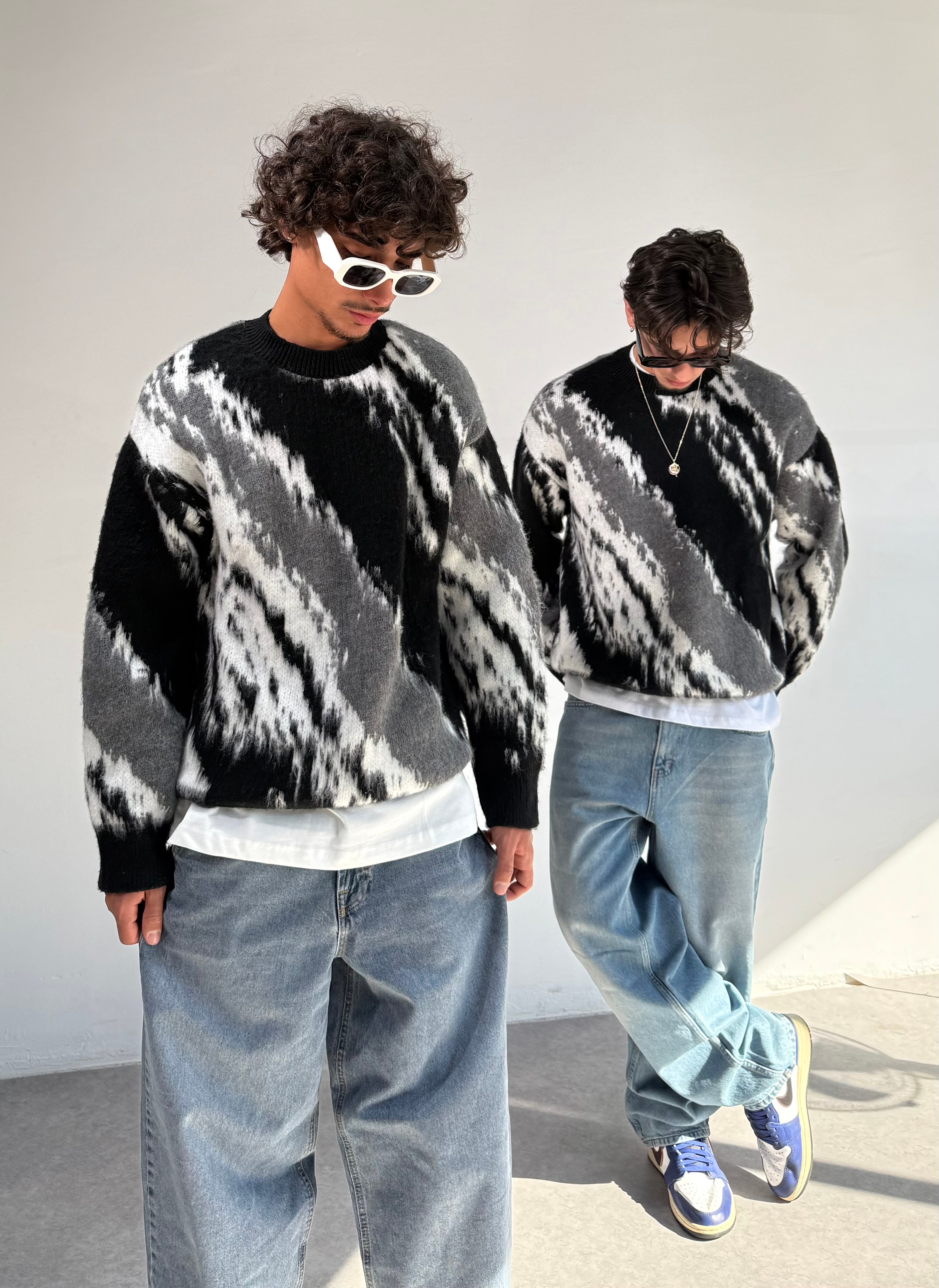 Desenli Oversize Premium Triko kazak  - Siyah