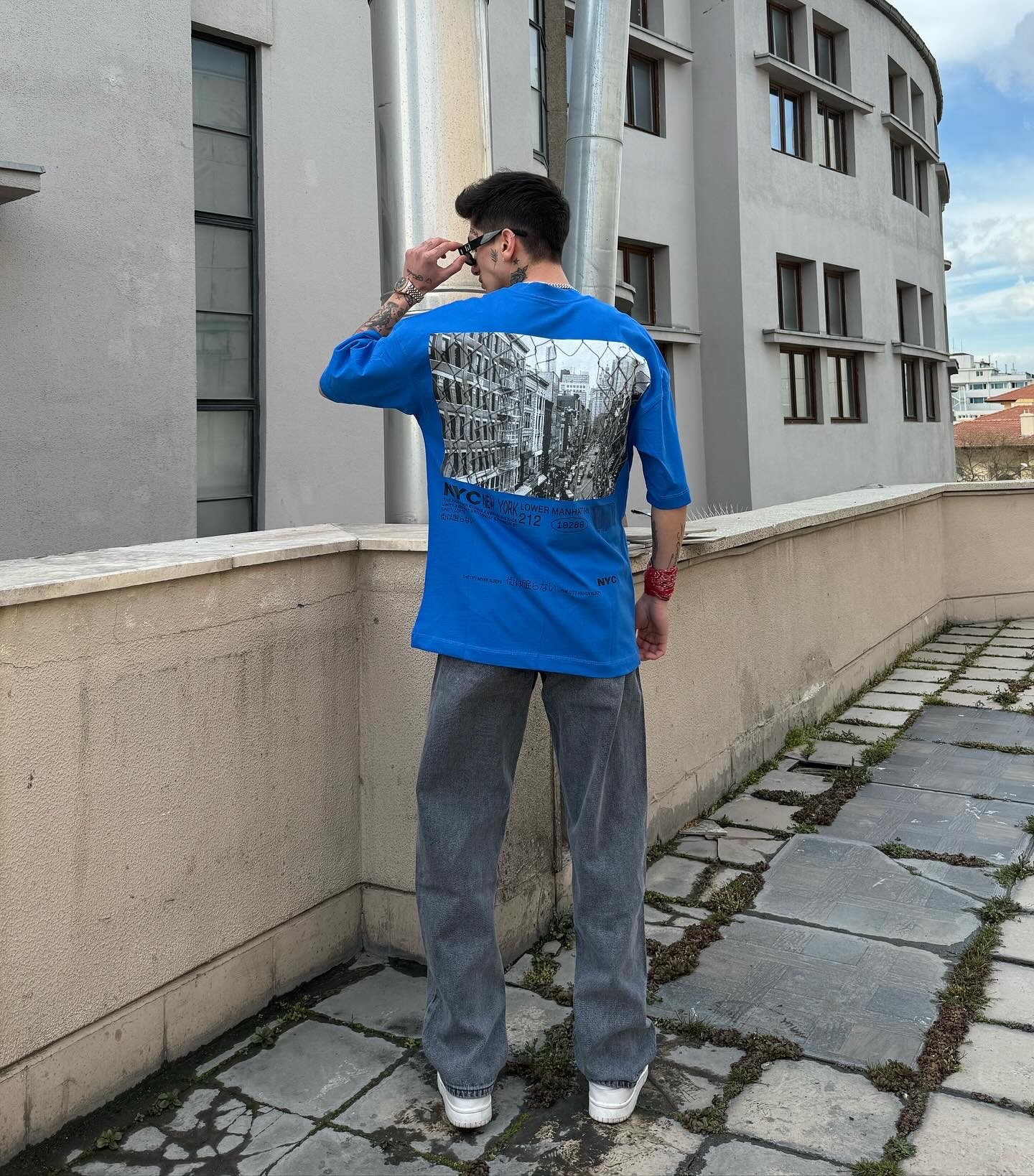 HRDSN New York  Baskılı Yüksek Kalite  Oversize Premium Mavi T-shirt