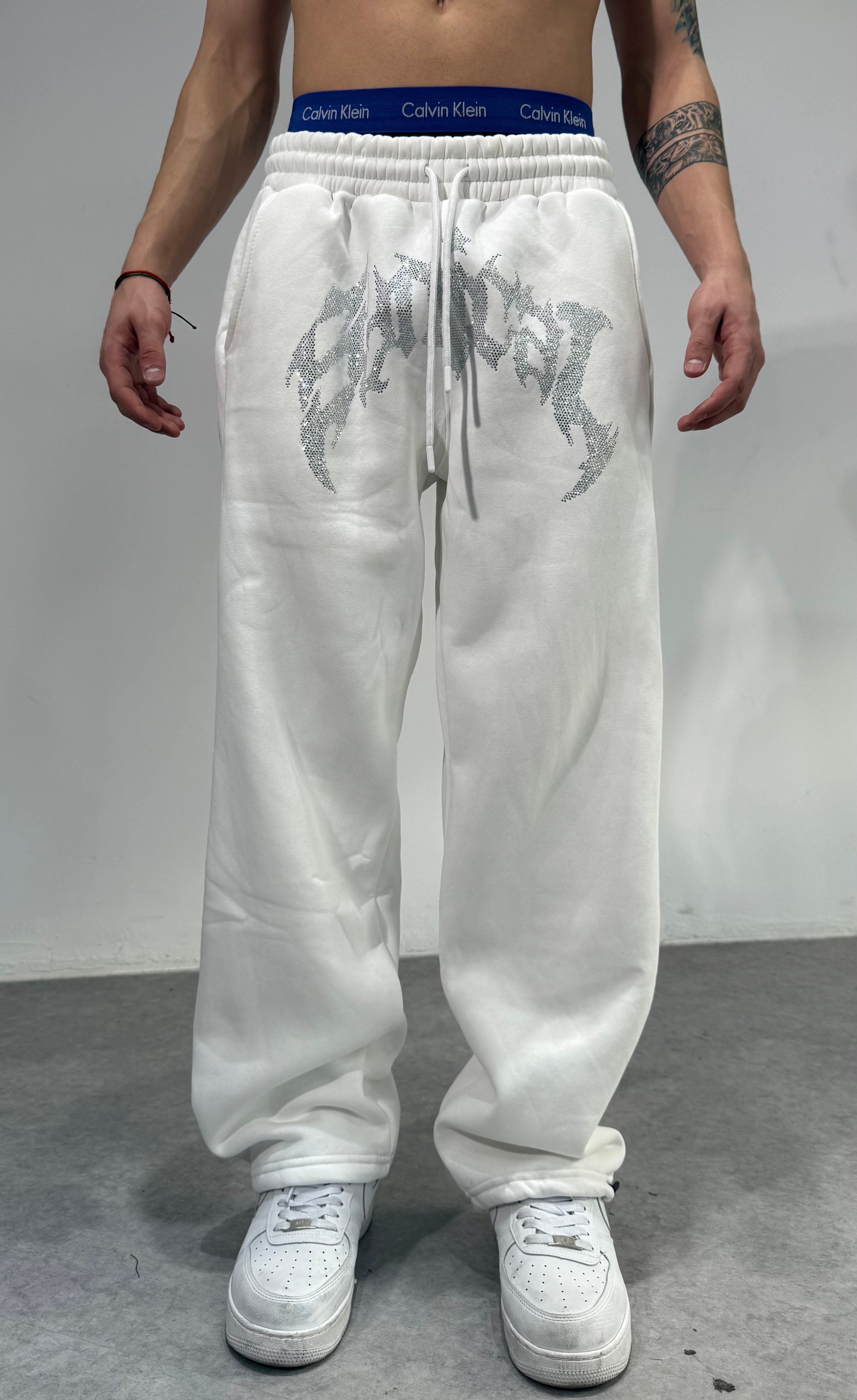 Taşlı Baggy Eşofman Kışlık Kumaş  - Beyaz