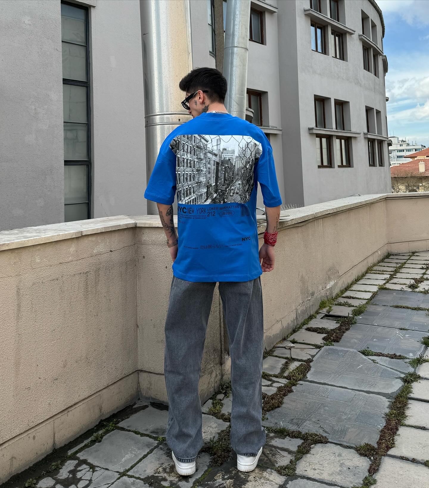 HRDSN New York  Baskılı Yüksek Kalite  Oversize Premium Mavi T-shirt