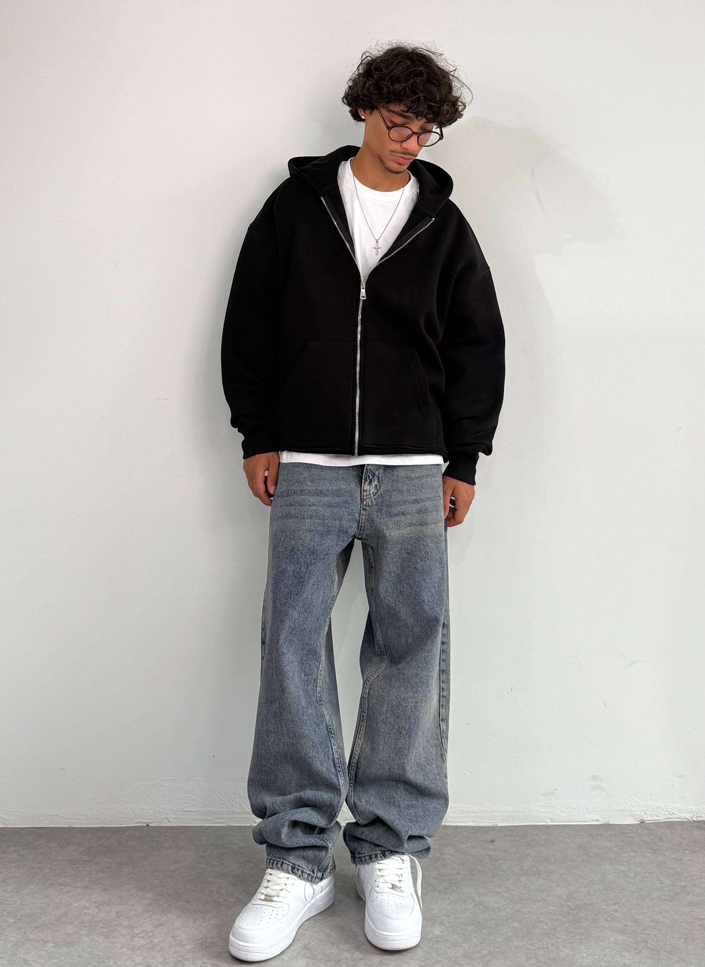 Kışlık Kumaş Oversize Premium Basic Fermuarlı Sweatshirt