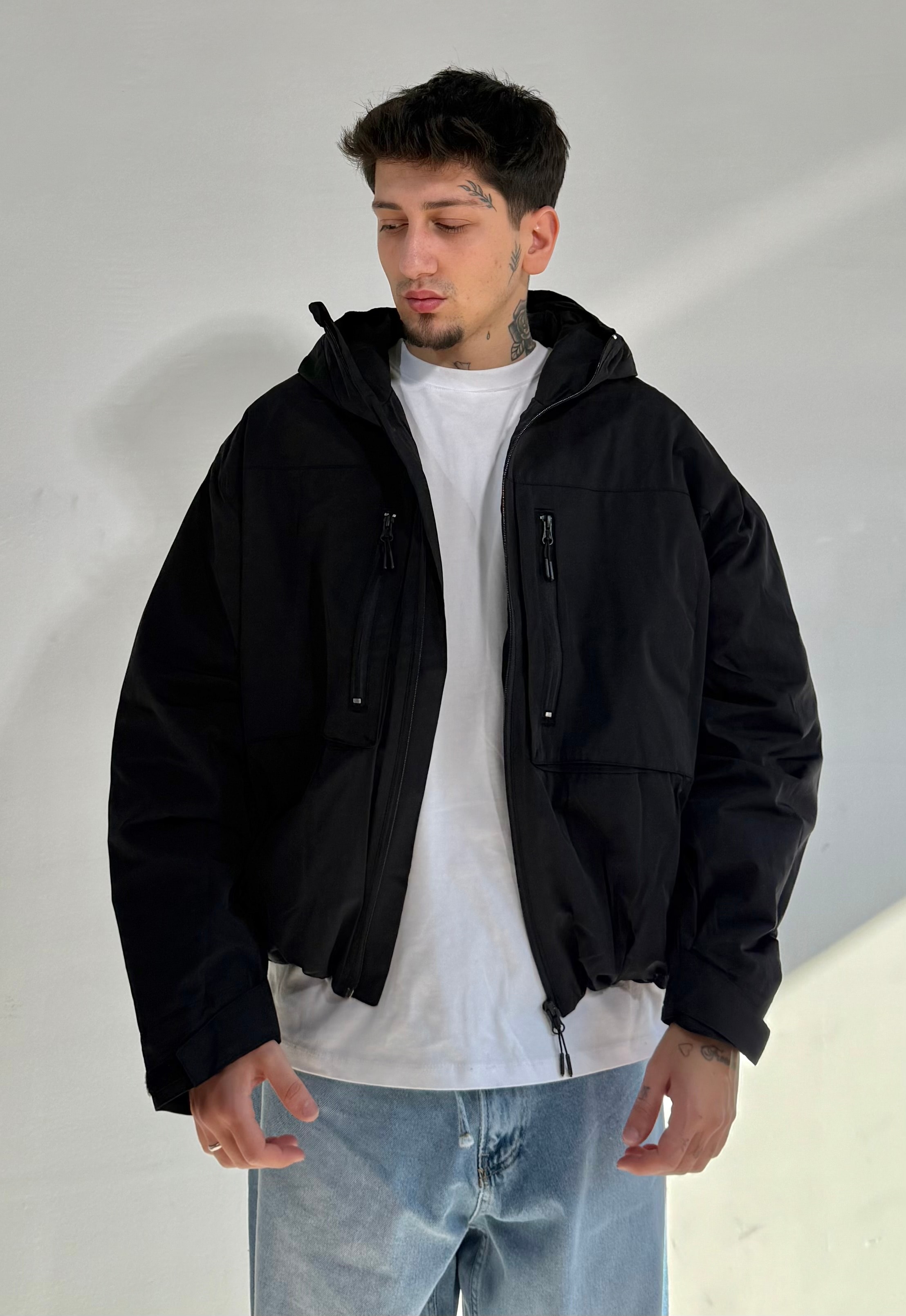 Crop Boy Oversize Astarlı Kapüşonlu Premium Yağmurluk Ceket  - Siyah