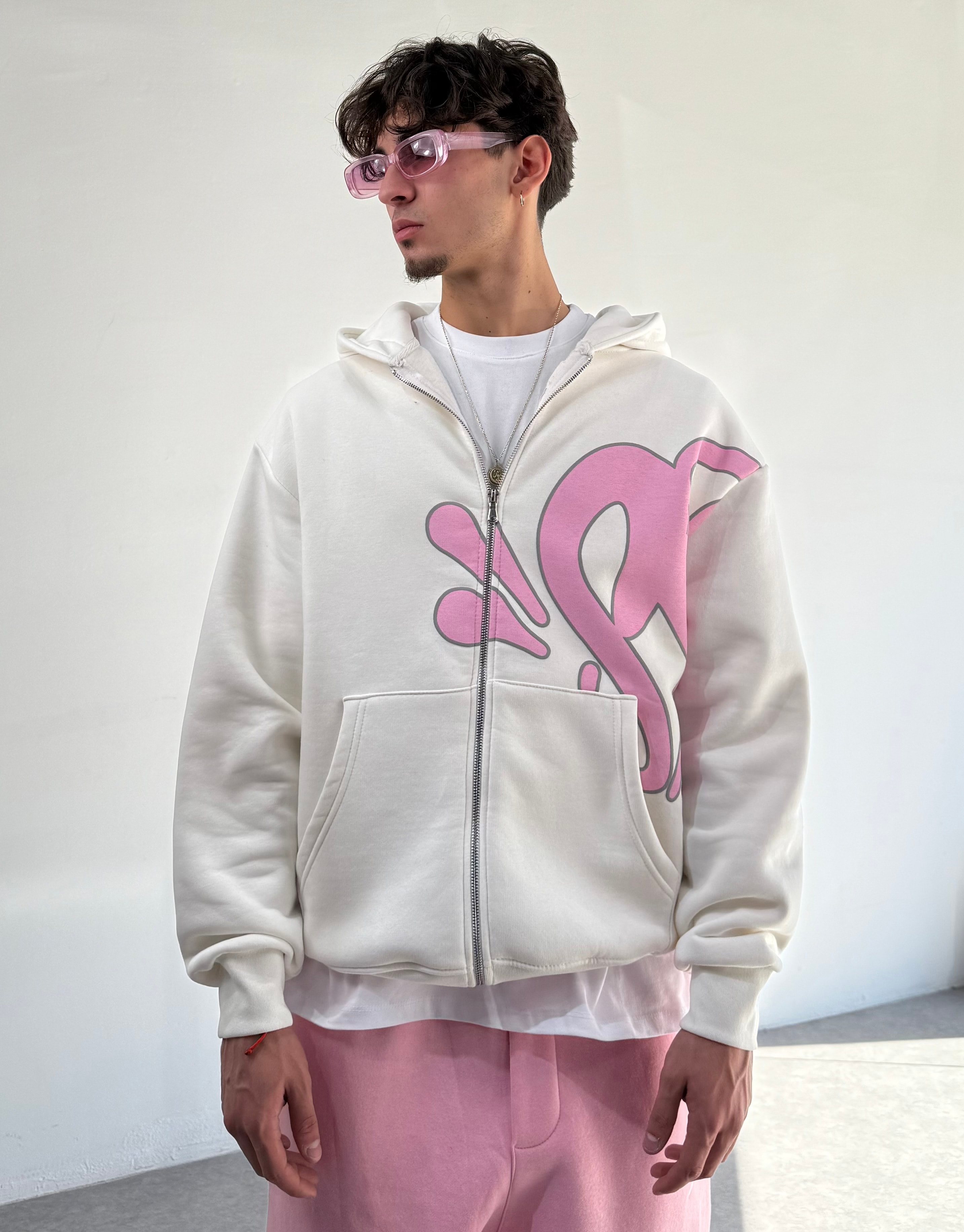 S Baskılı Oversize Zipp Hoodie  - Ekru