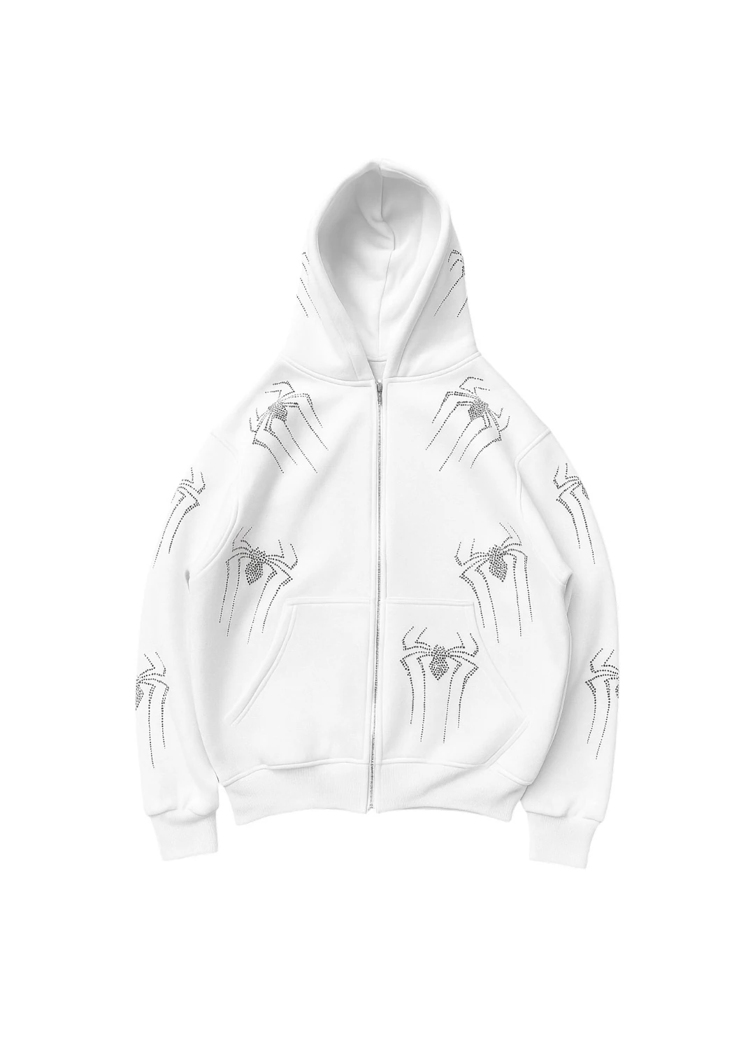 Özel Seri Spider Taşlı Oversize Zipp Hoodie - Beyaz