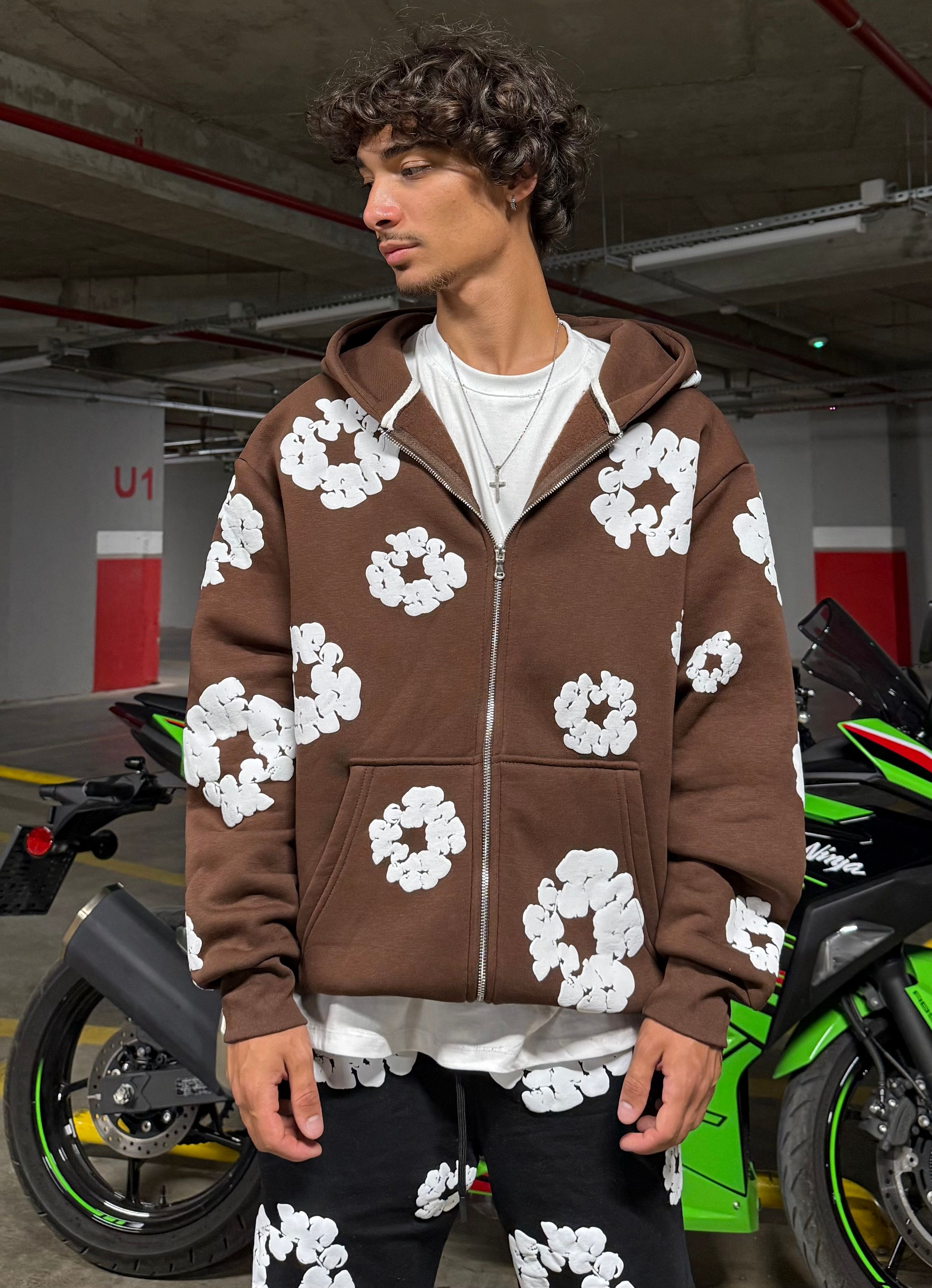 D. Tears Baskılı Oversize Zipp Hoodie - kahverengi