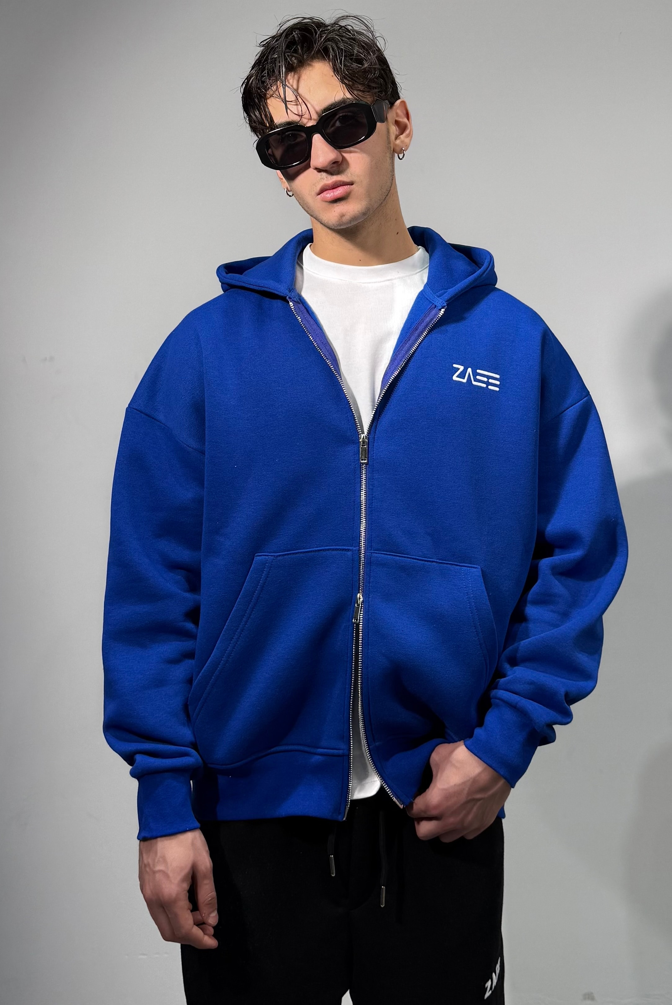 Özel ZAEE Logo Kışlık Double Zipp Oversize Hoodie - Mavi
