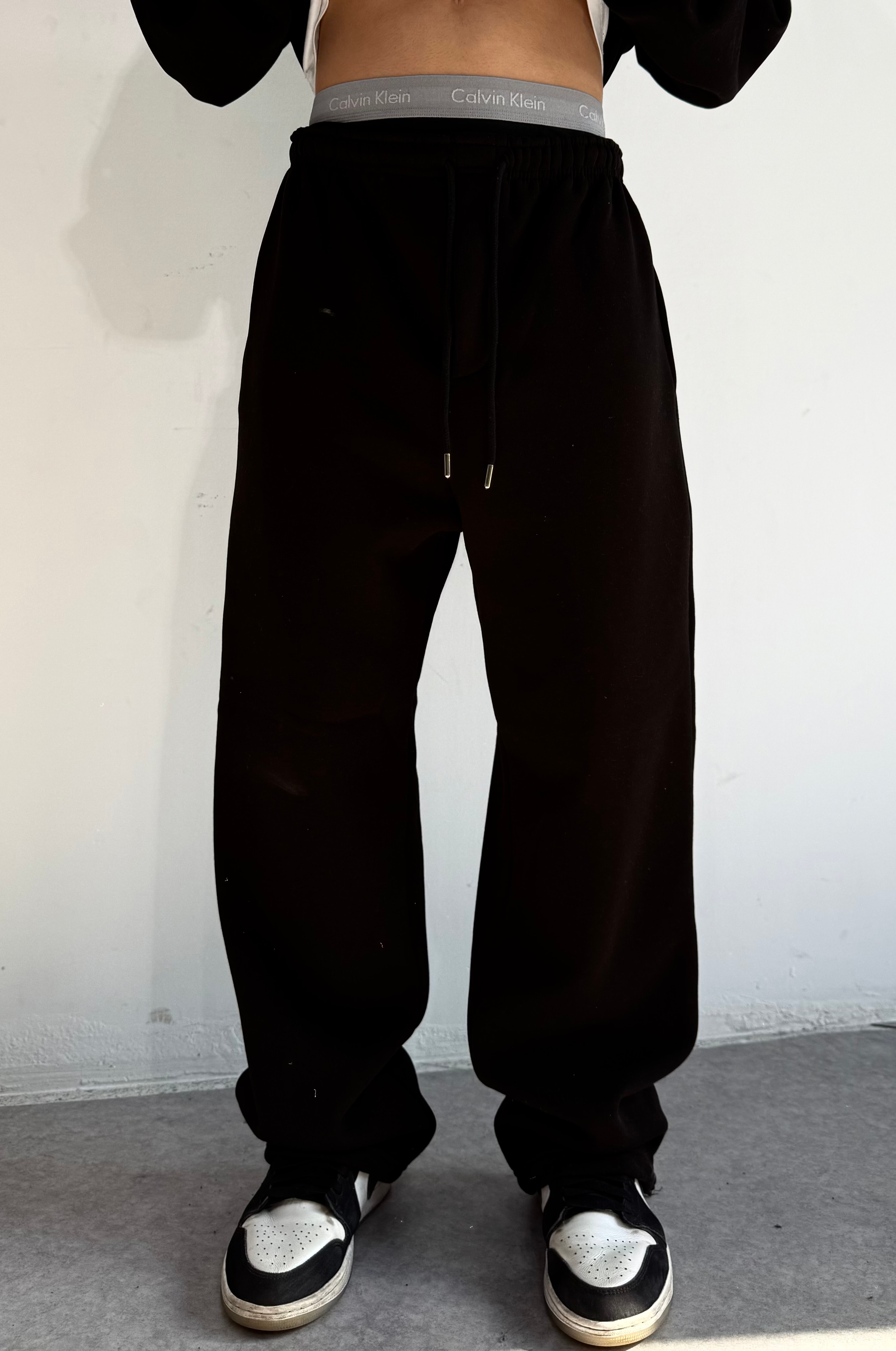 Kışlık Kumaş Ayarlanabilir Paça Baggy Eşofman Altı  - Siyah