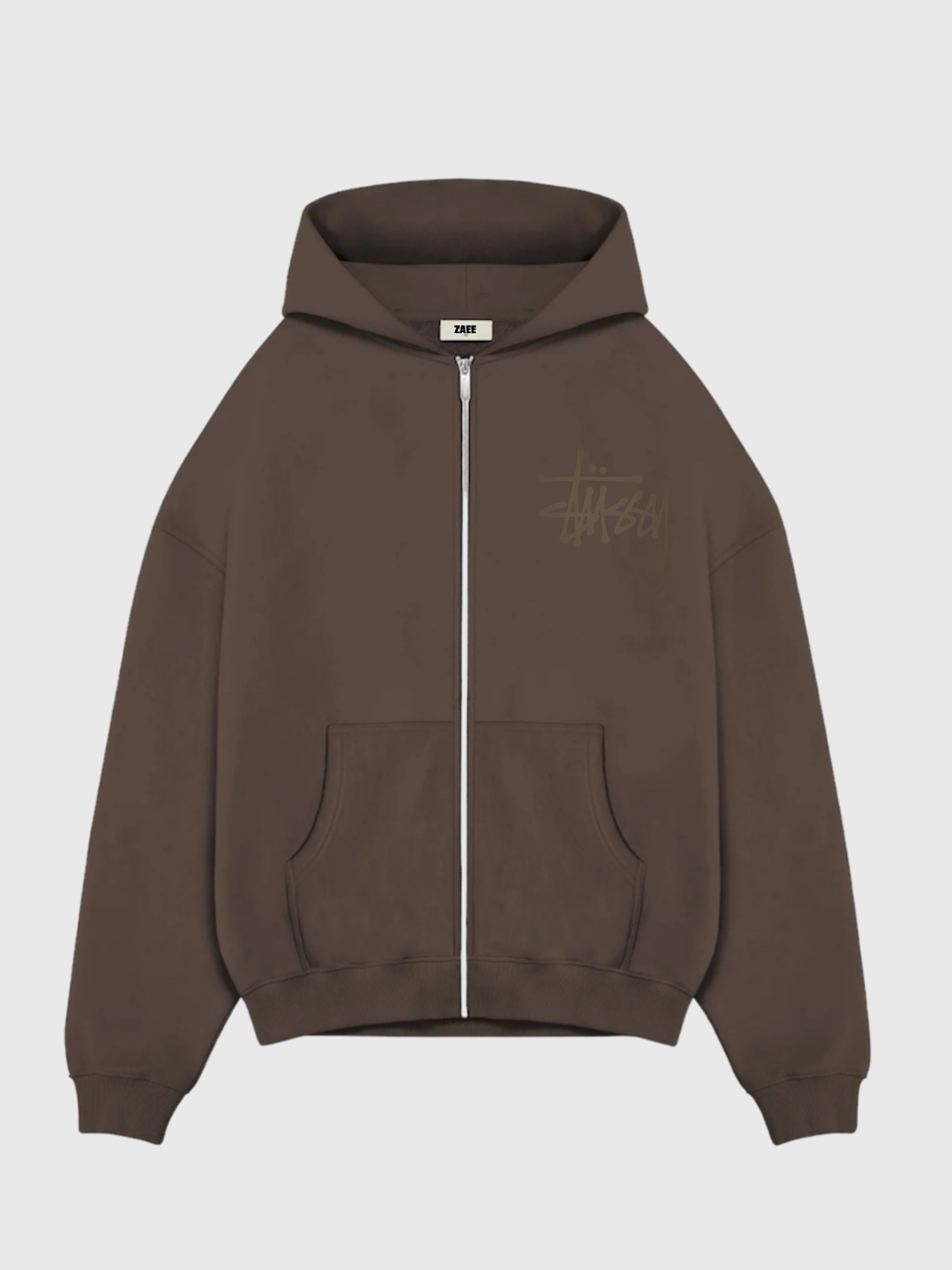 Stussy Baskılı Oversize Zipp Hoodi - kahverengi