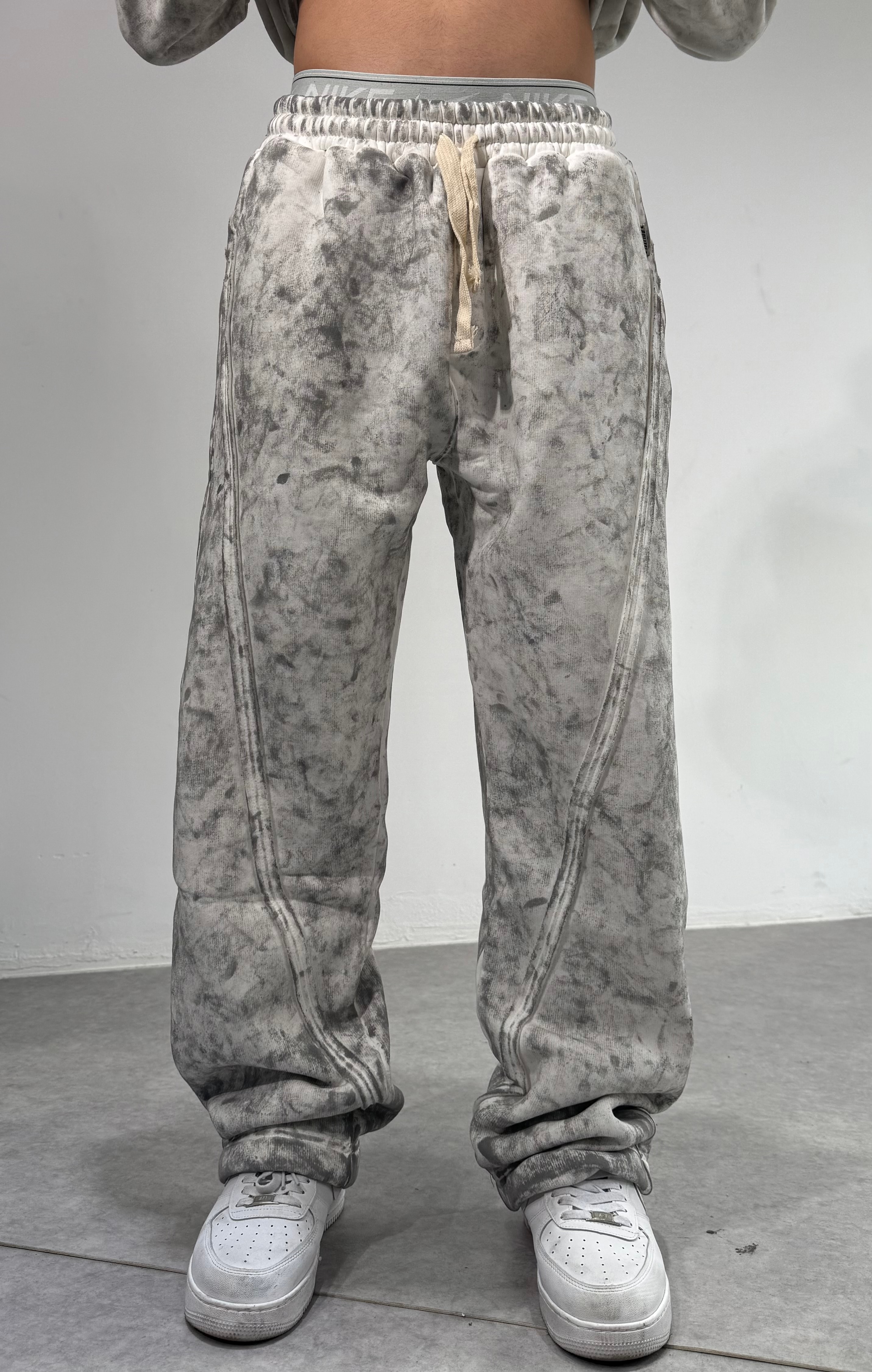 Yıkamalı Oversize Premium Parçalı Baggy Eşofman Altı - Beyaz