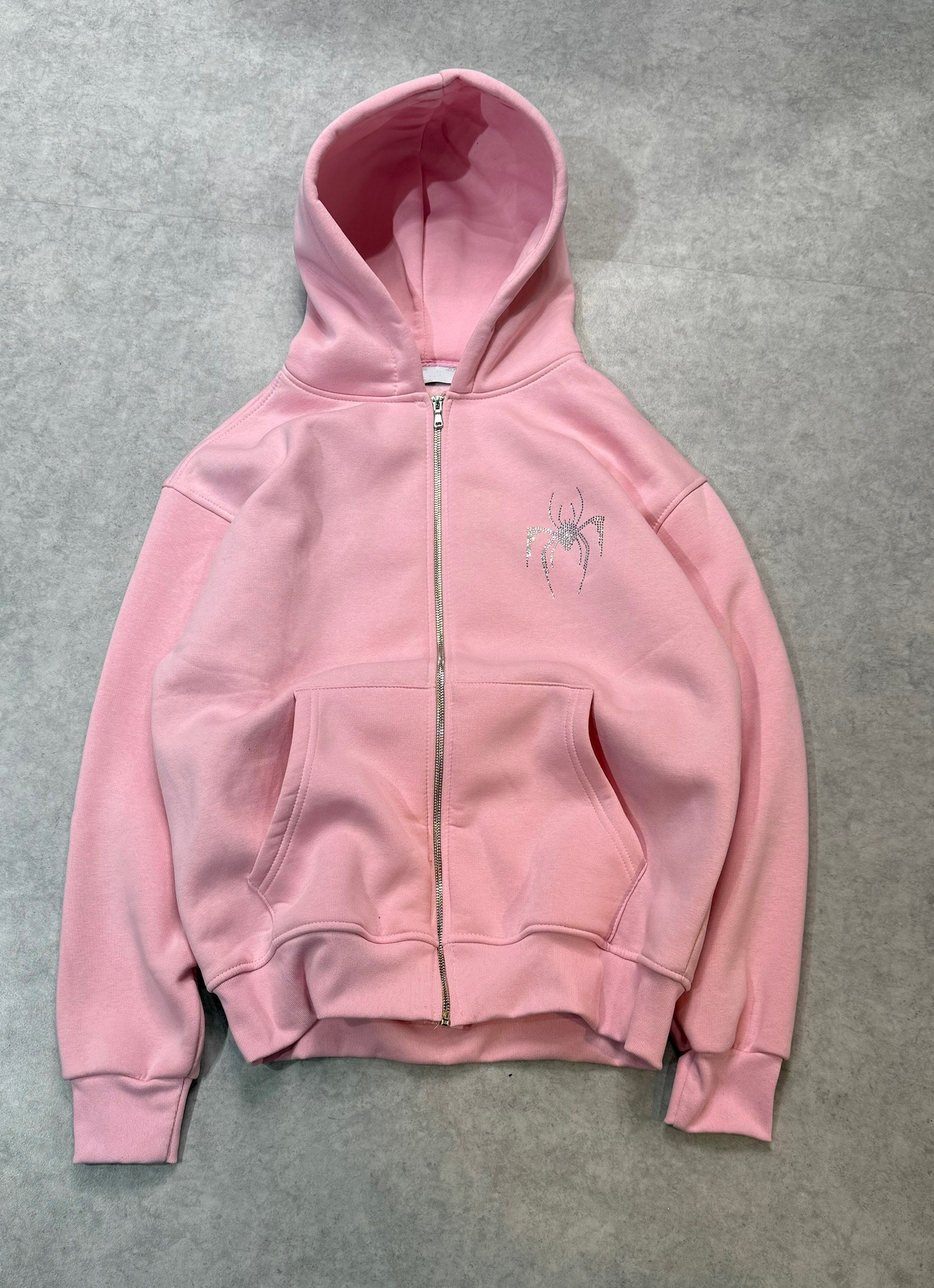 Spider Taşlı Oversize Fermuarlı Sweatshirt - Pembe