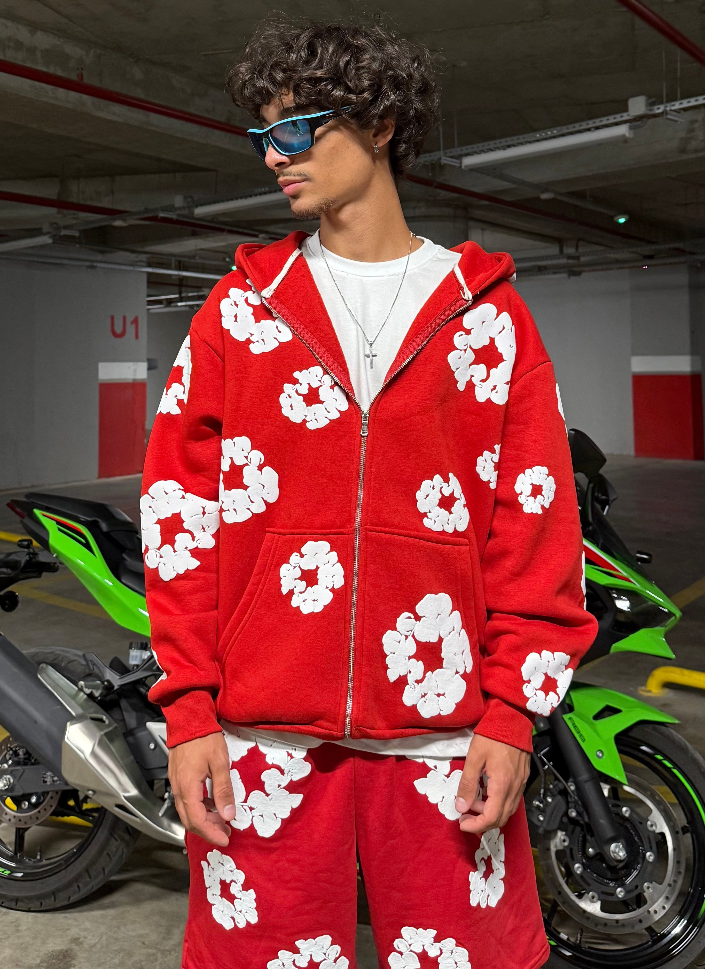 D. Tears Baskılı Oversize Zipp Hoodie - Kırmızı