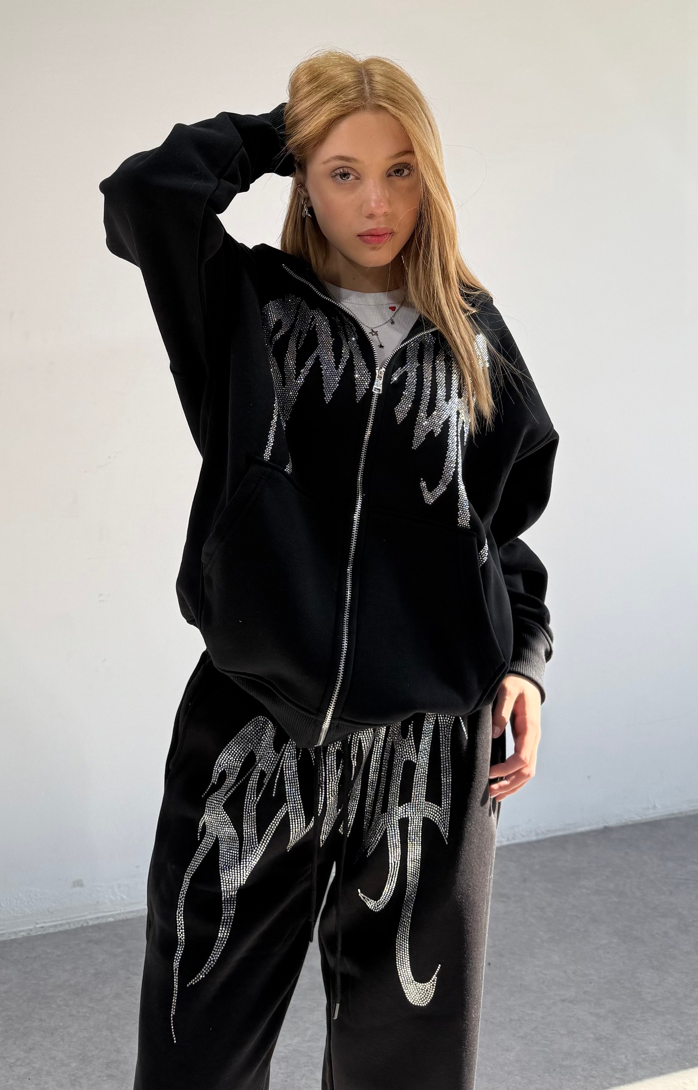 Revenge Taşlı Oversize Premium Zipp Hoodie 