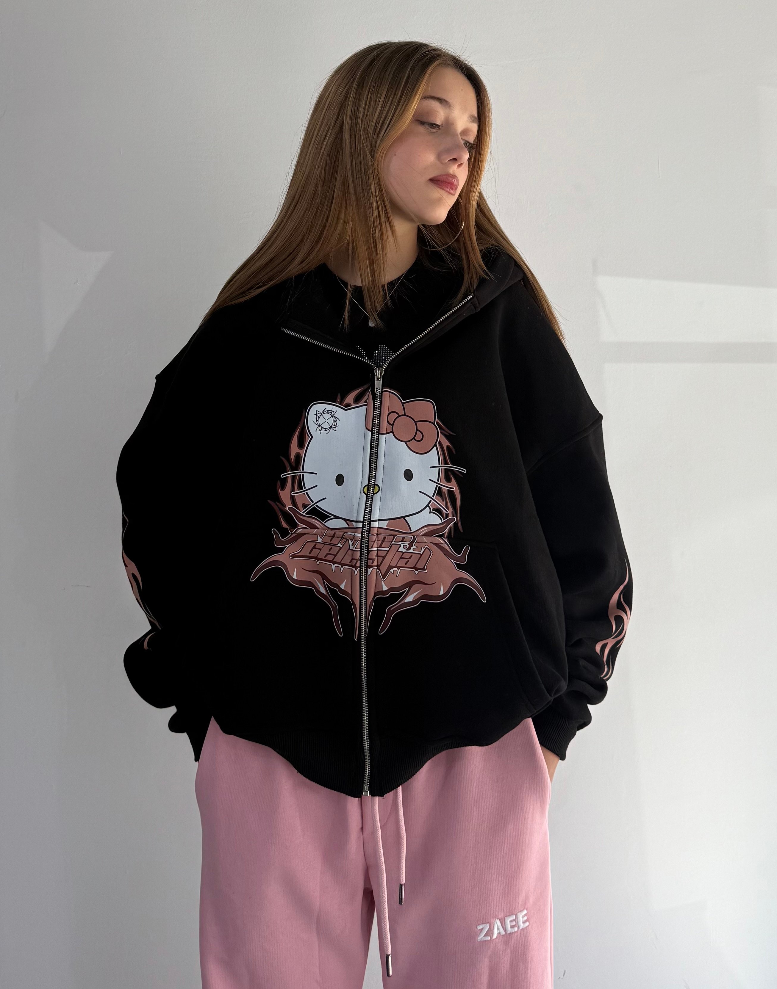 Hello Kitty Baskılı Oversize Zipp Hoodie 
