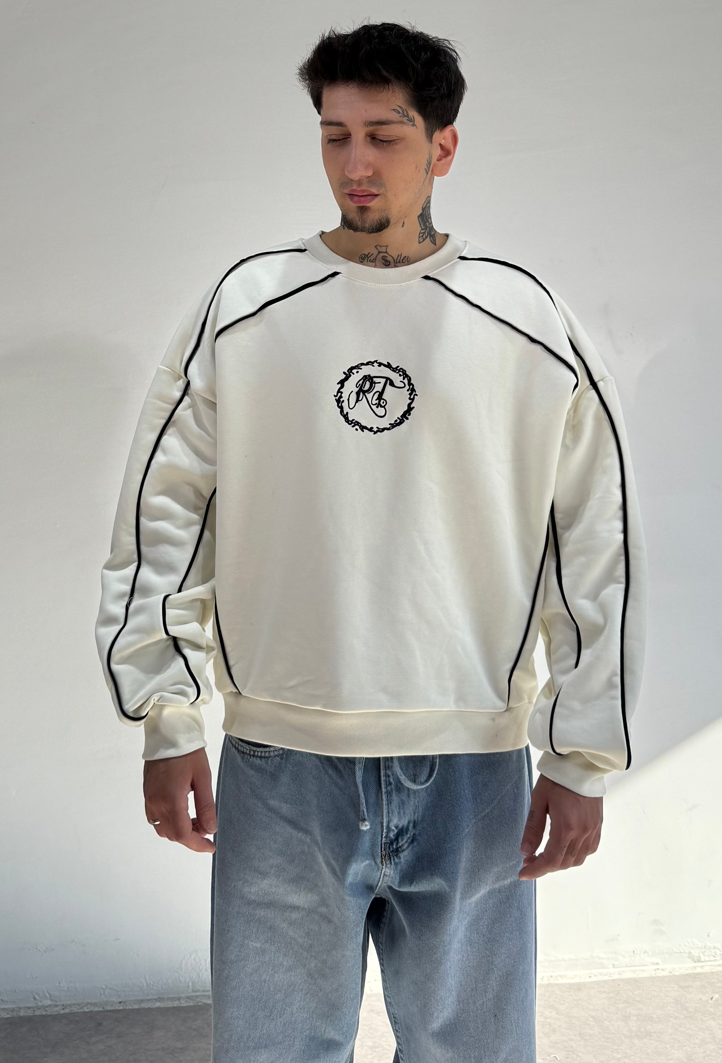 Biye Geçişli Oversize Premium Sweat  - Beyaz