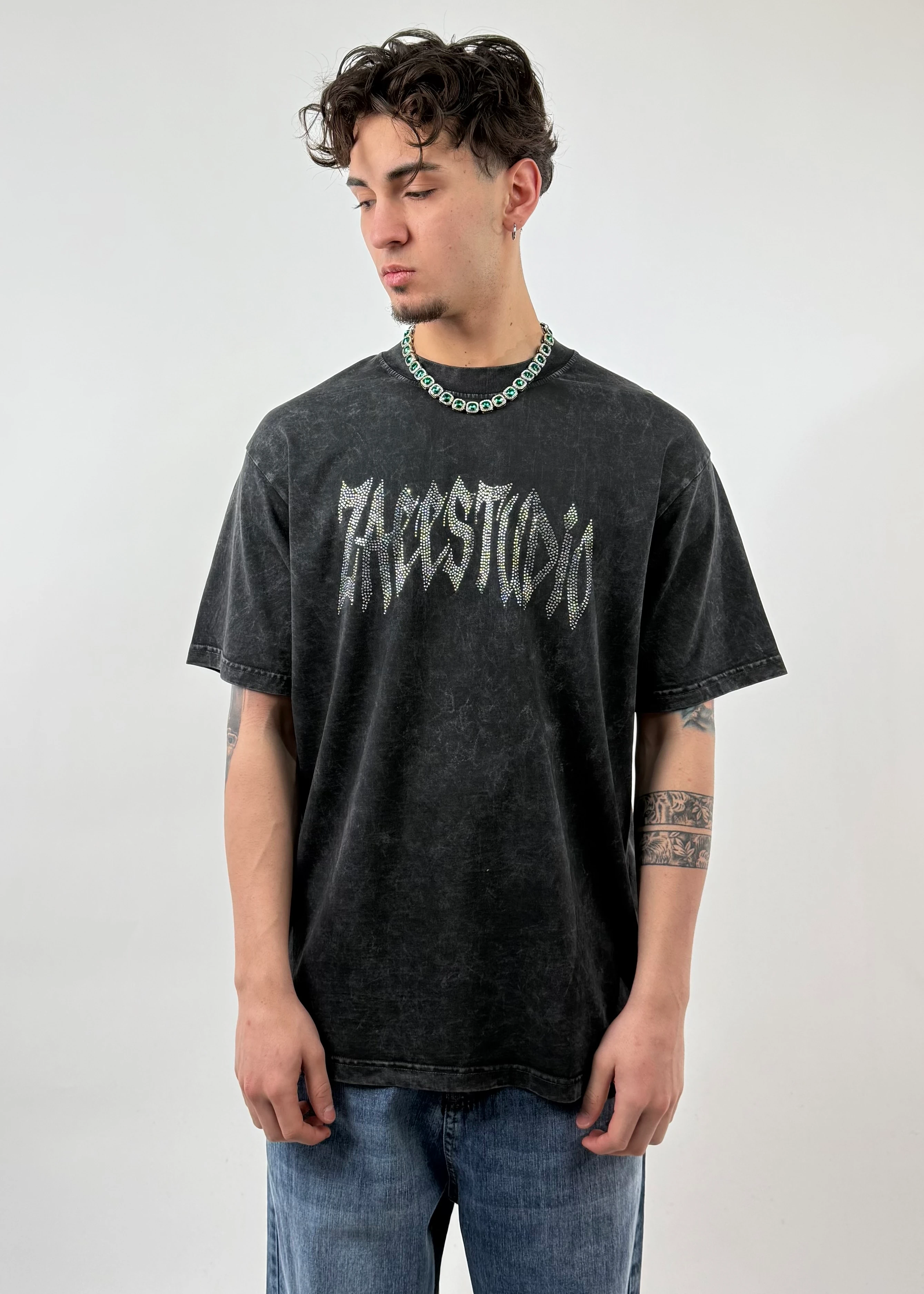 トップス salsation Obersized Round Neck T-shirts ZAEESTUDIO Taşlı Acıd Wash Oversize Premium Tişört