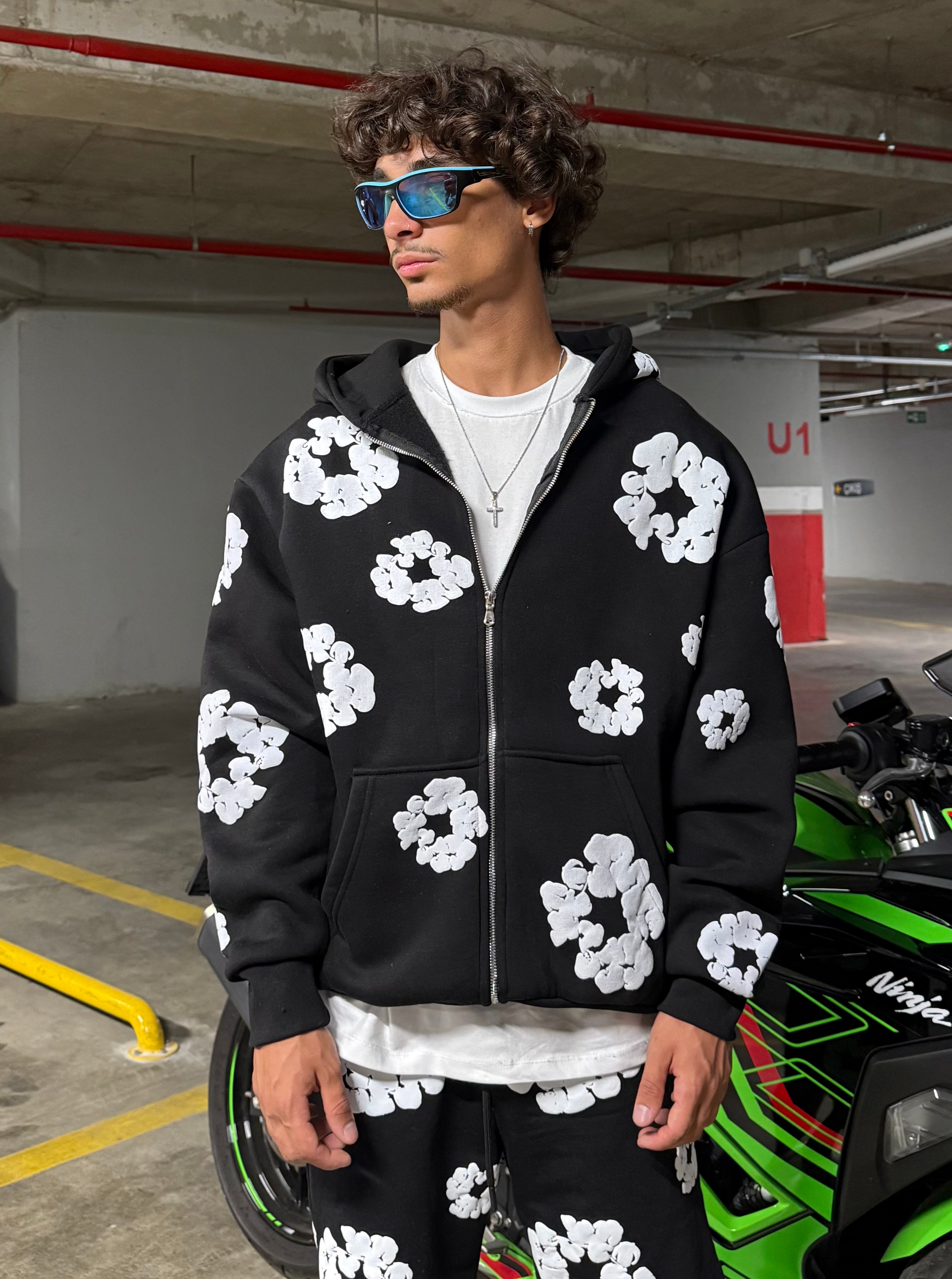 D. Tears Baskılı Oversize Zipp Hoodie - Siyah