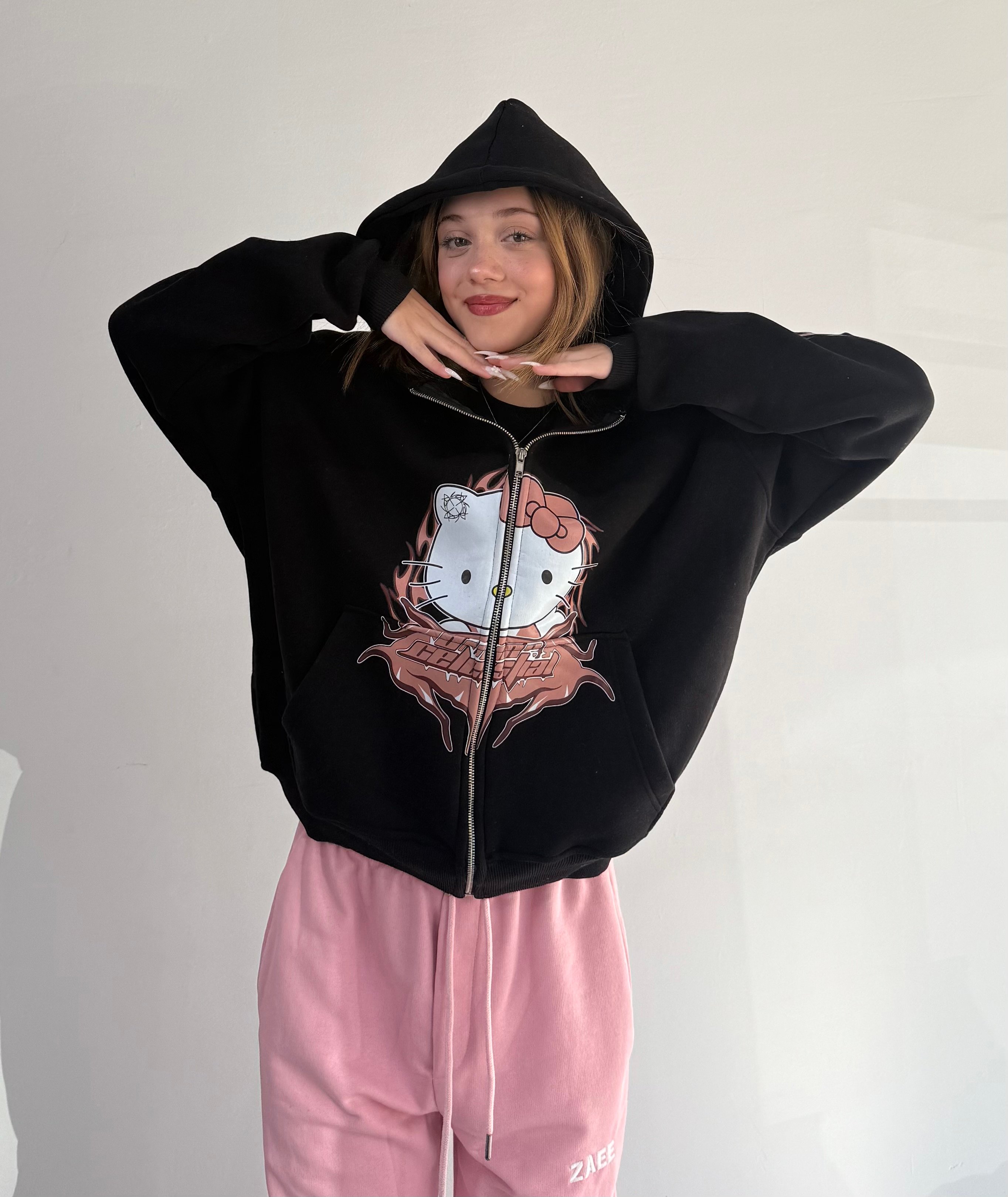 Hello Kitty Baskılı Oversize Zipp Hoodie  - Siyah