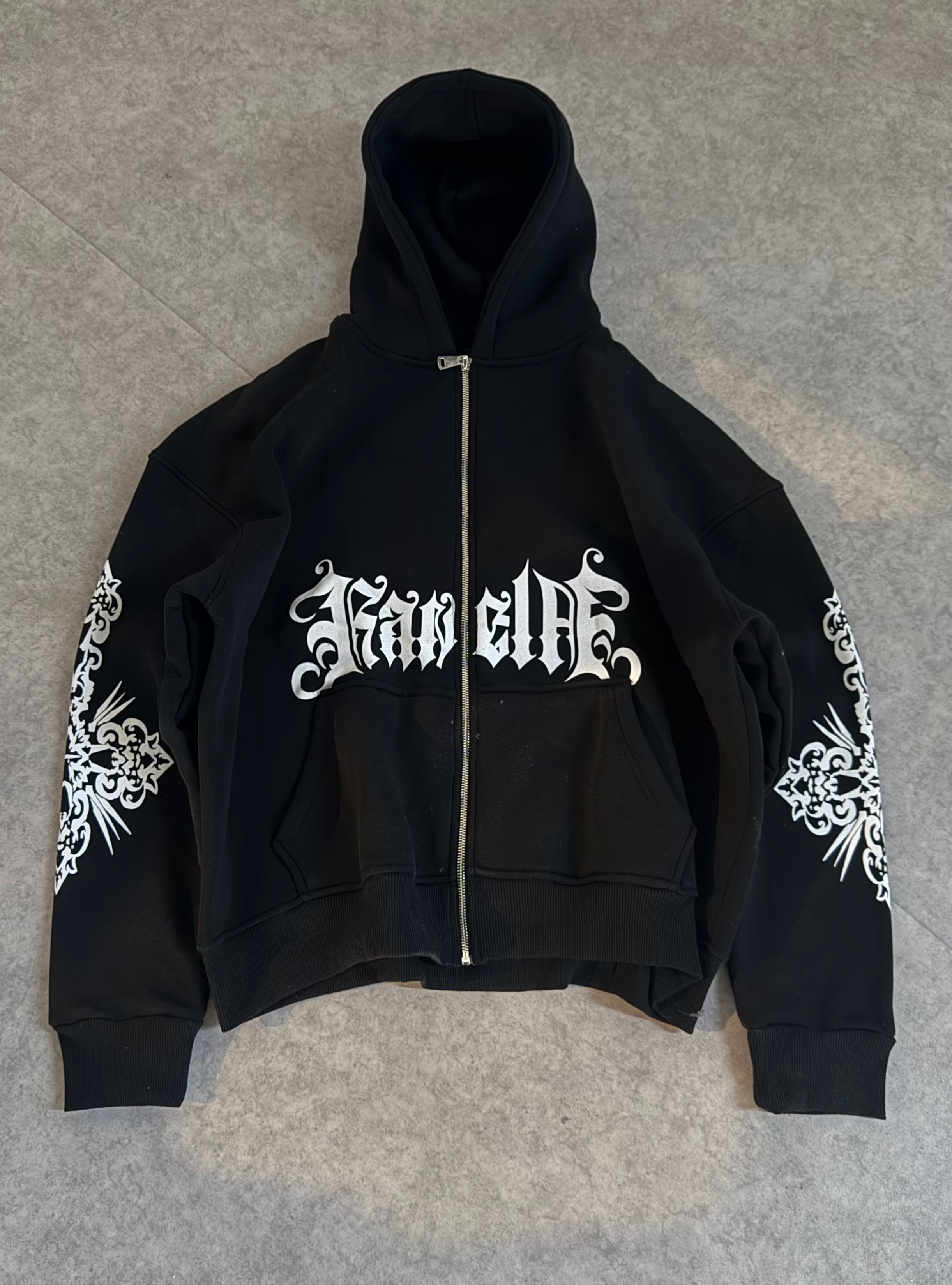 Baskılı Oversize Fermuarlı Sweatshirt - Siyah