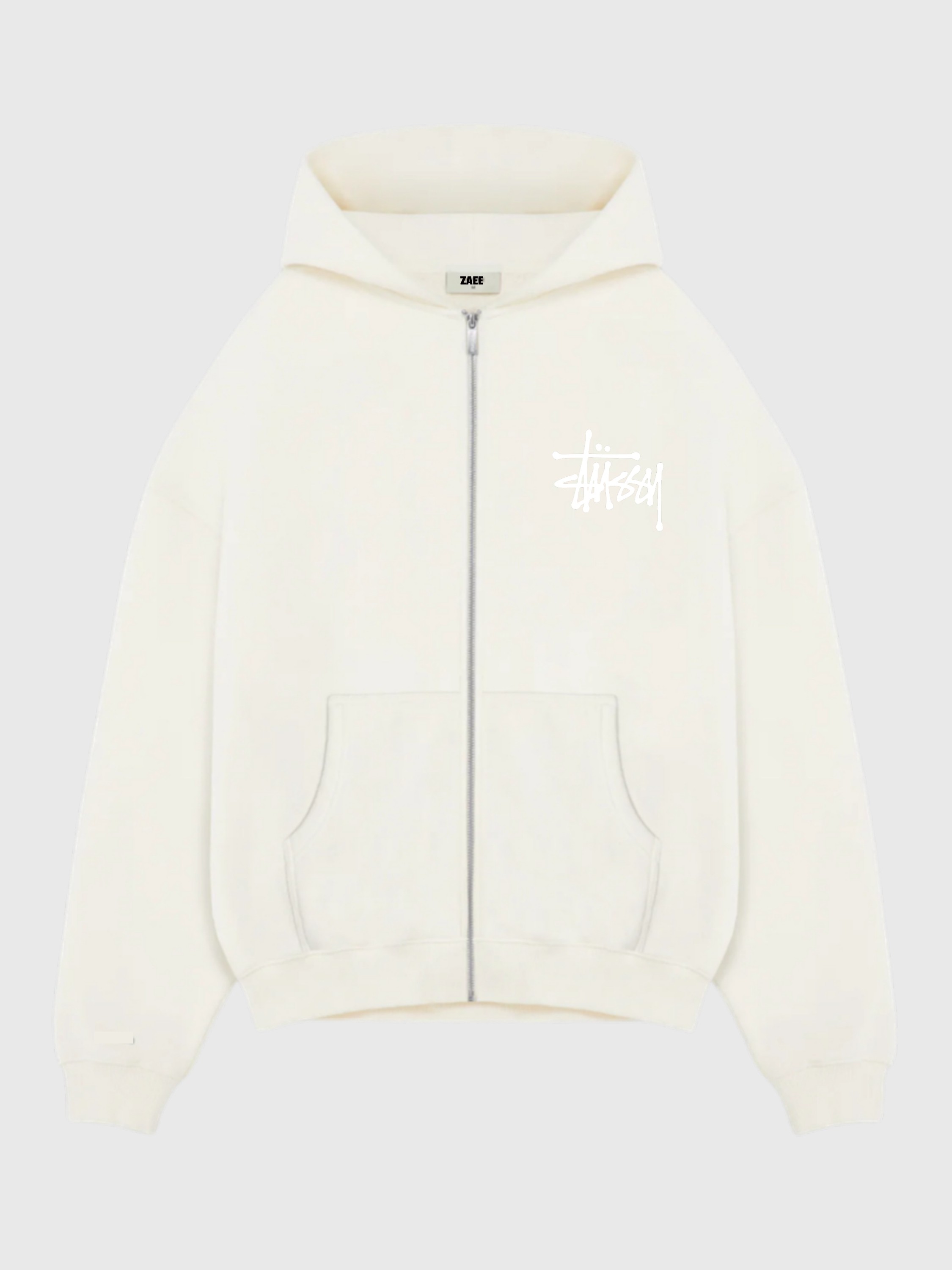 Stussy Baskılı Oversize Zipp Hoodi - krem