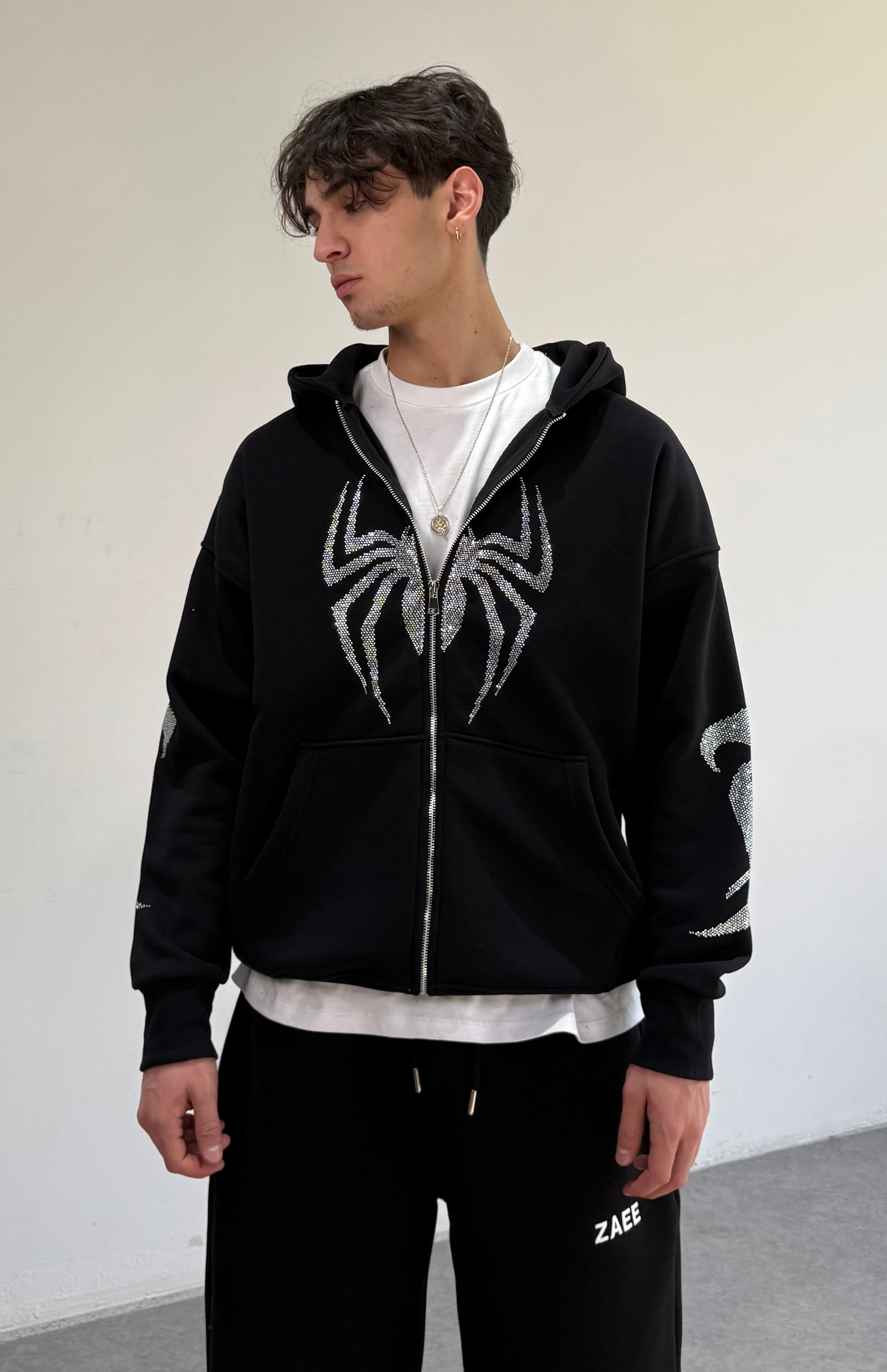 Spider Taşlı Oversize Fermuarlı Hırka