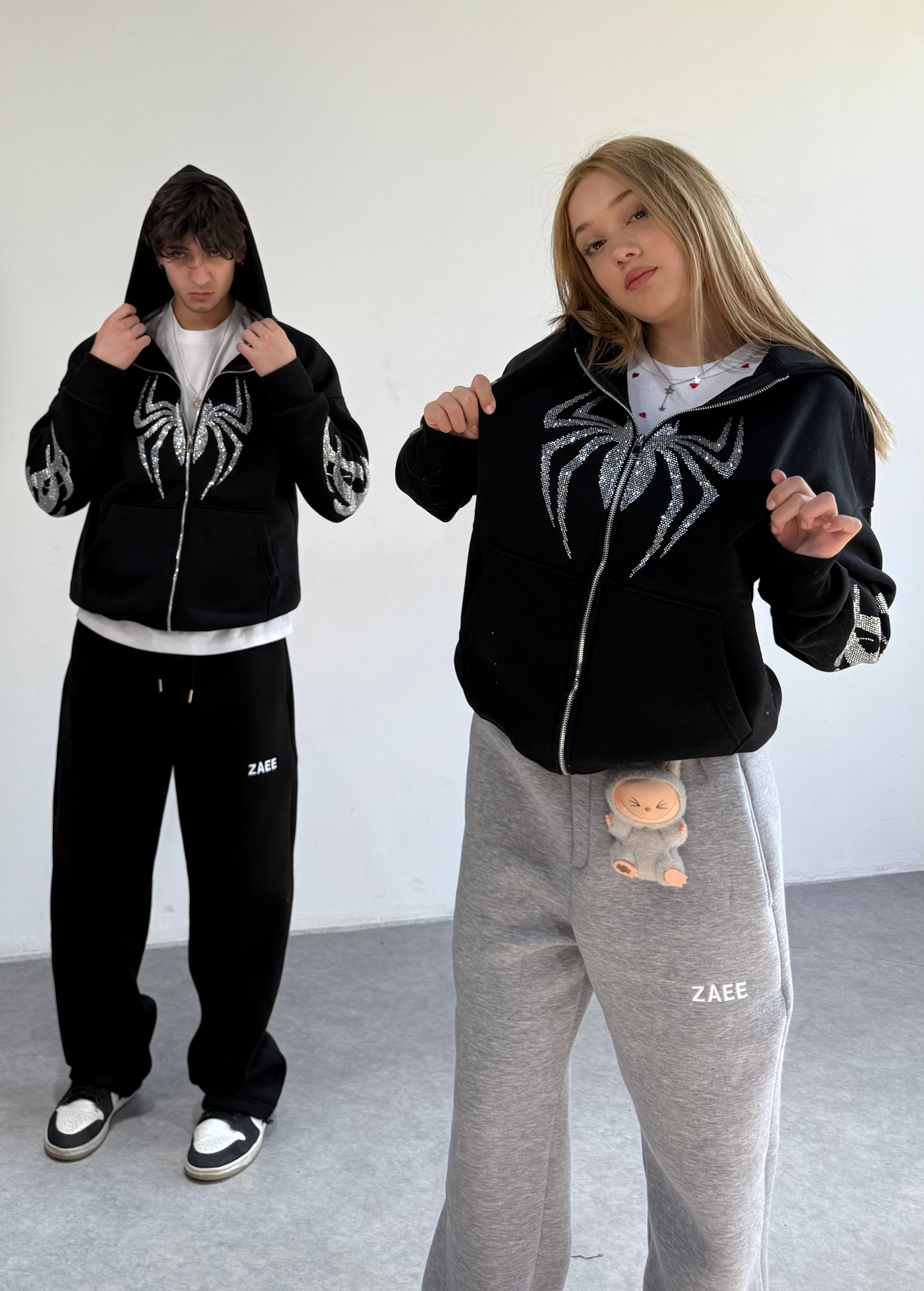 Spider Taşlı Oversize Fermuarlı Hırka