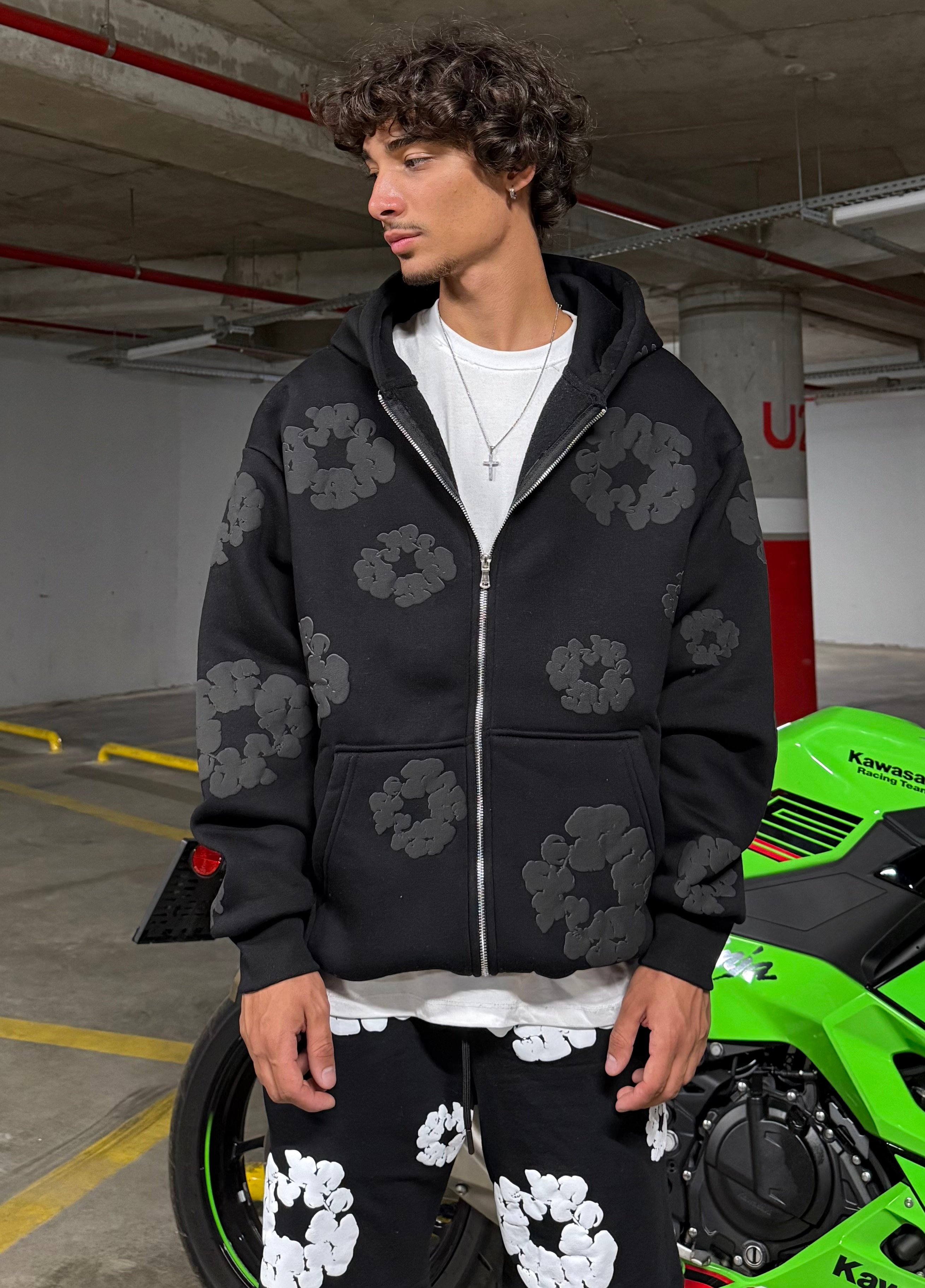 D. Tears Baskılı Oversize Zipp Hoodie - Siyah/Gri Baskılı