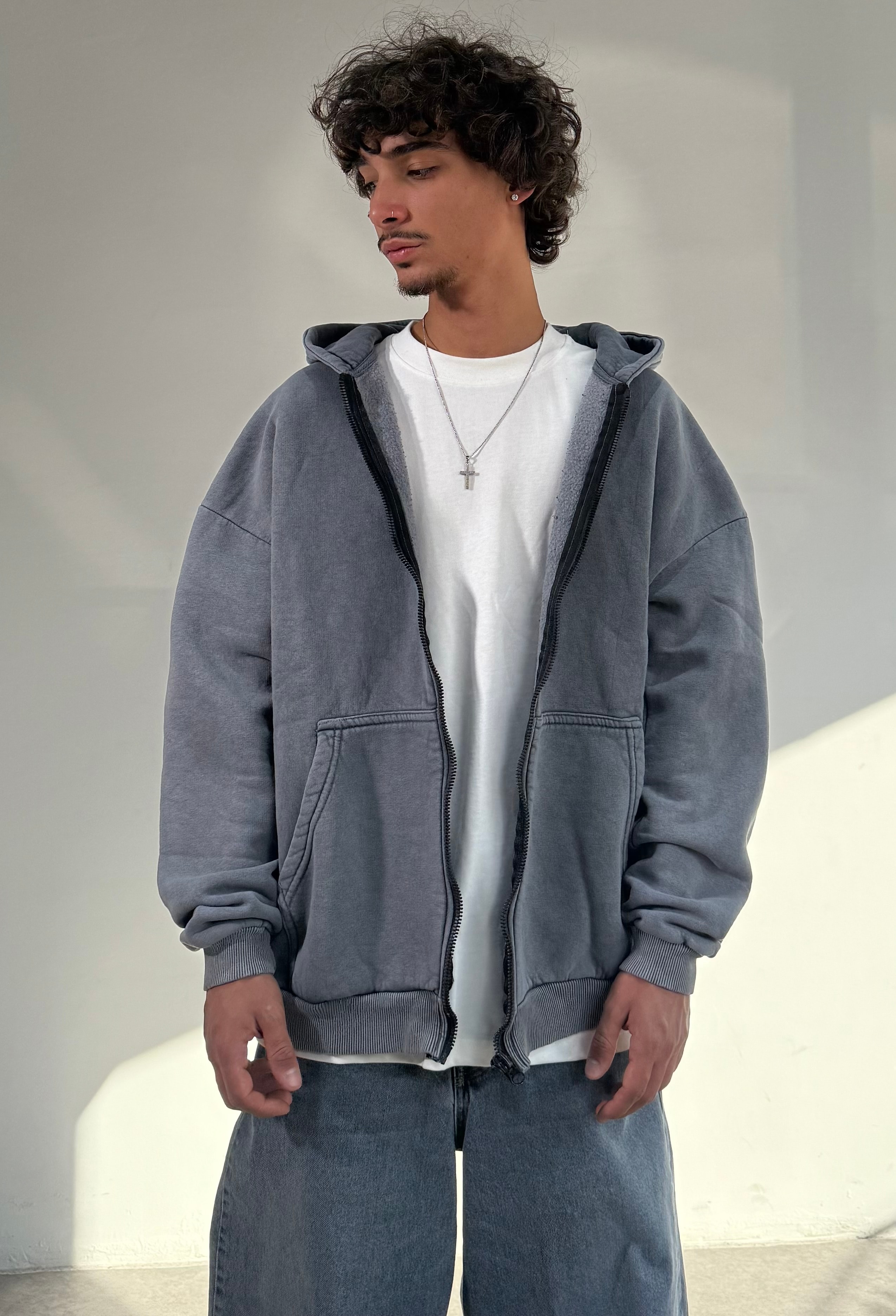 Yıkamalı Kumaş Kışlık  Oversize Basic Fermuarlı Sweatshirt - Yıkamalı Antrasit