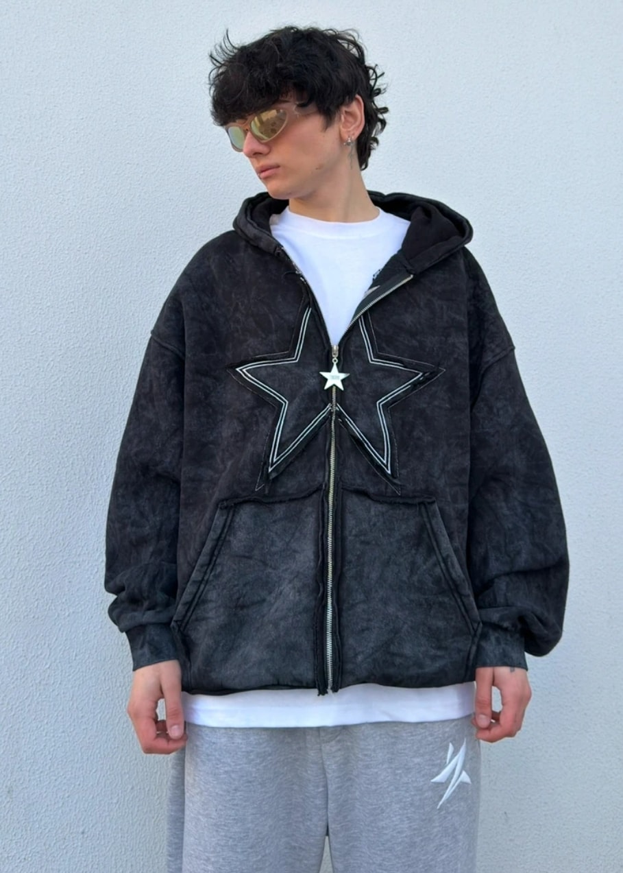 Star Oversize Acıd Wash Zipp Hoodie - Yıkamalı Antrasit