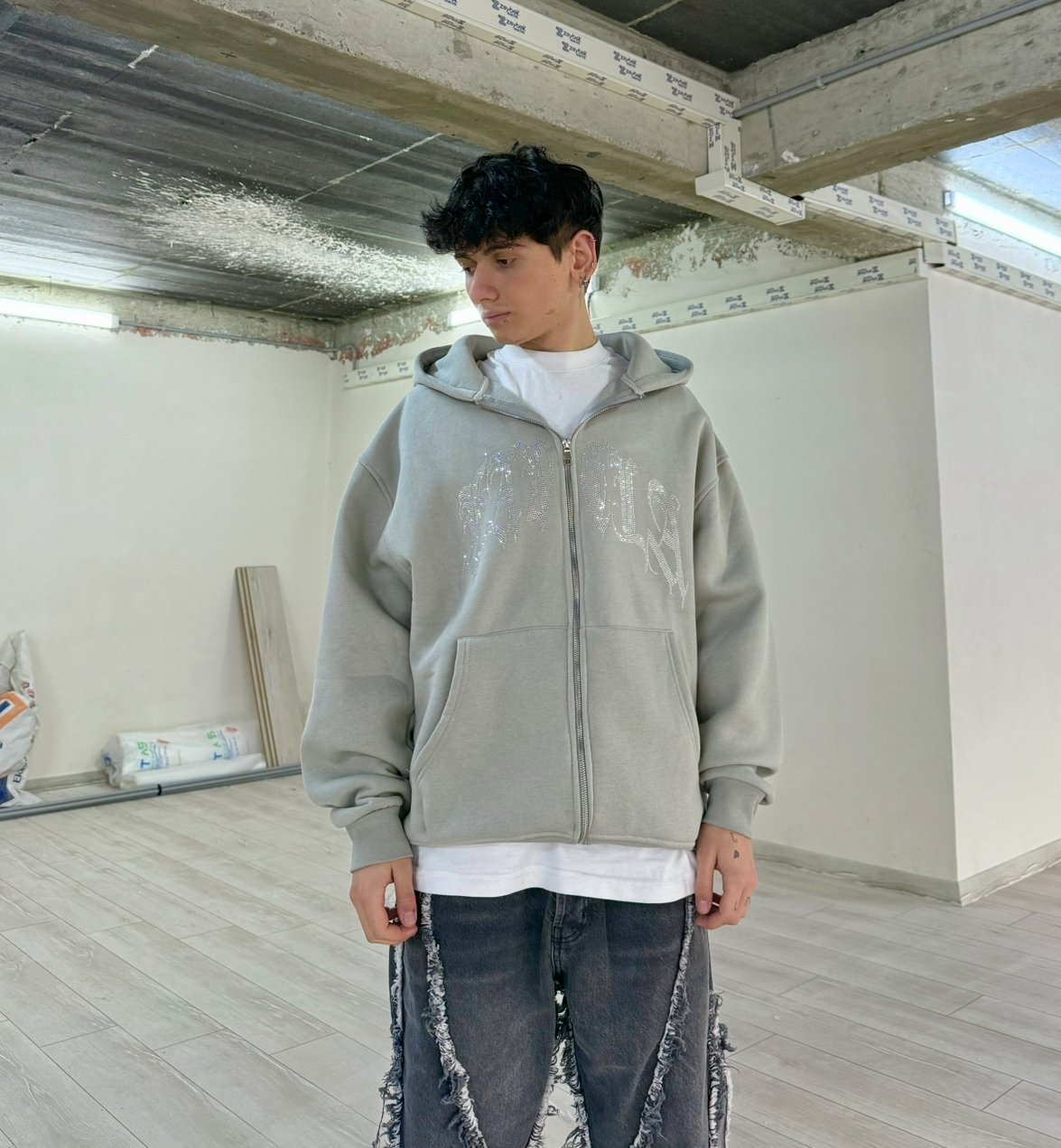 FV Taşlı Oversize Zipp Hoodie - Gri