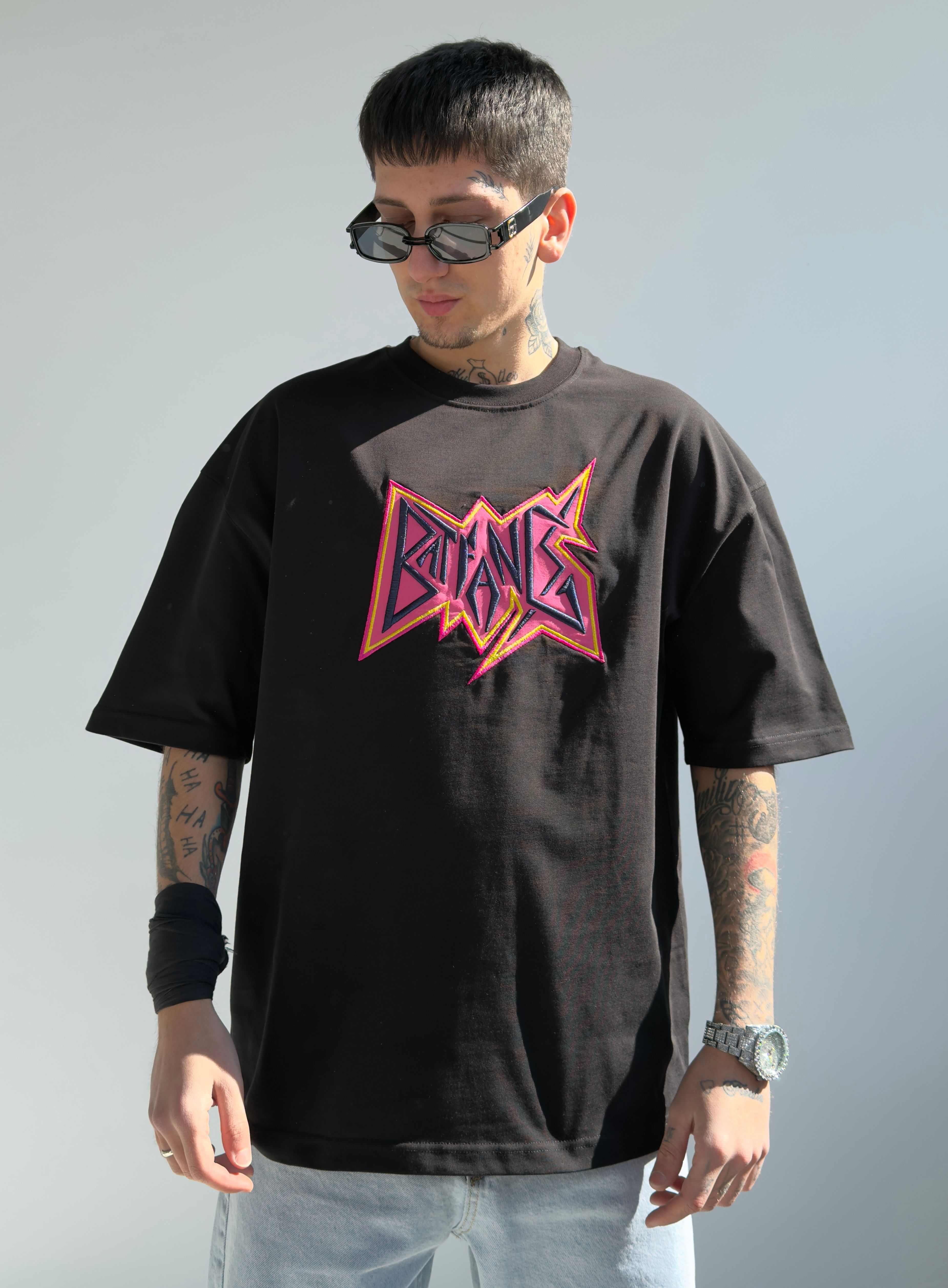 BATFANG Nakışlı Oversize Tişört - Siyah