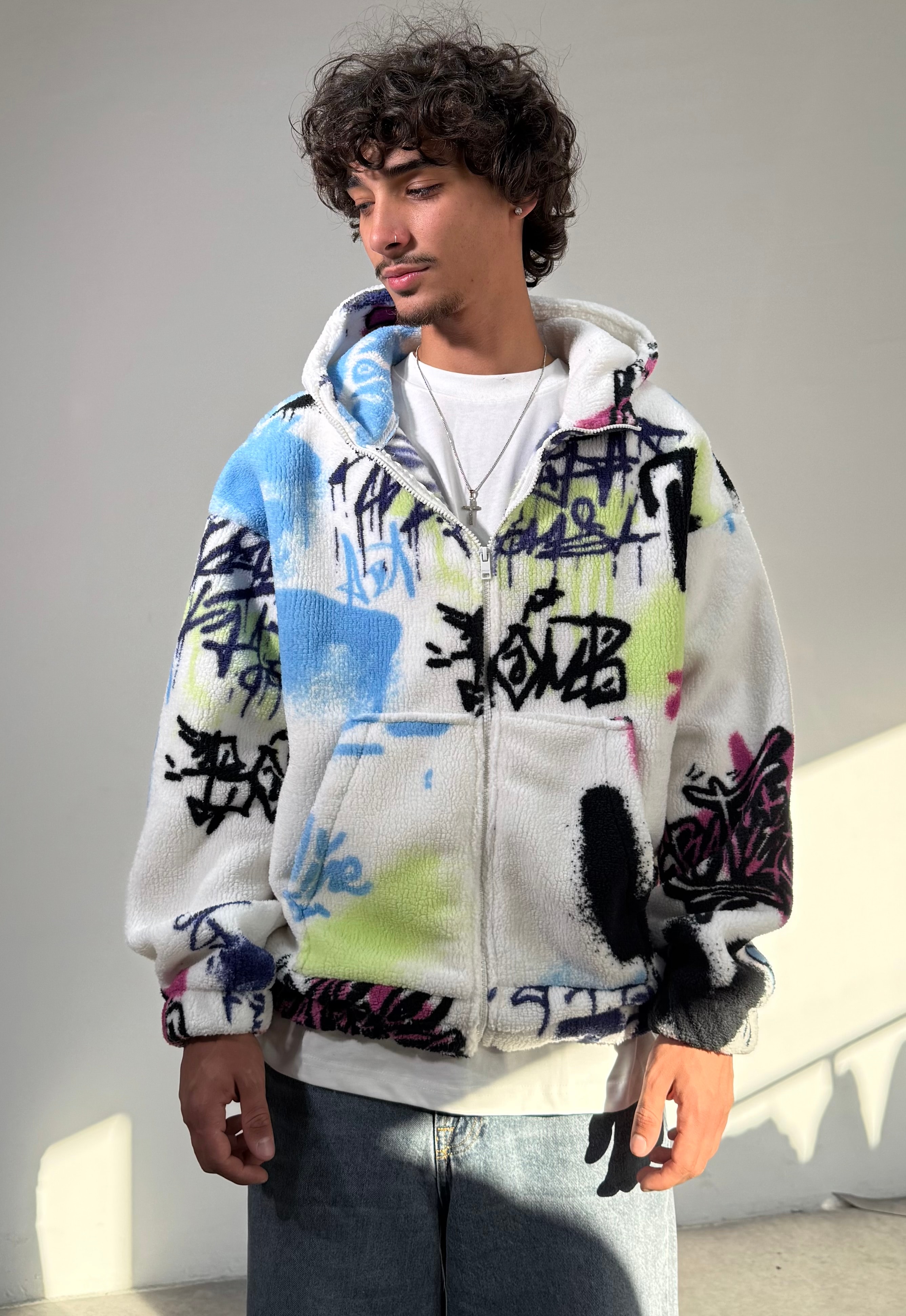 Renkli Oversize Premium Peluş Mont - Beyaz