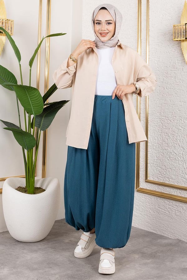 BELİ LASTİKLİ ŞALVAR PANTOLON PETROL