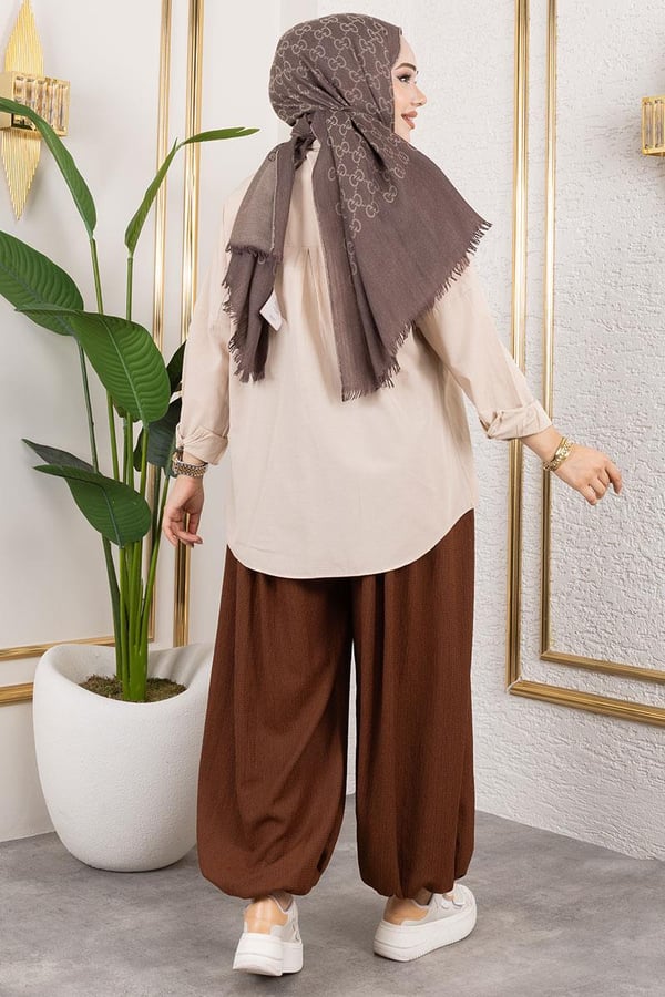 BELİ LASTİKLİ ŞALVAR PANTOLON KAHVERENGİ