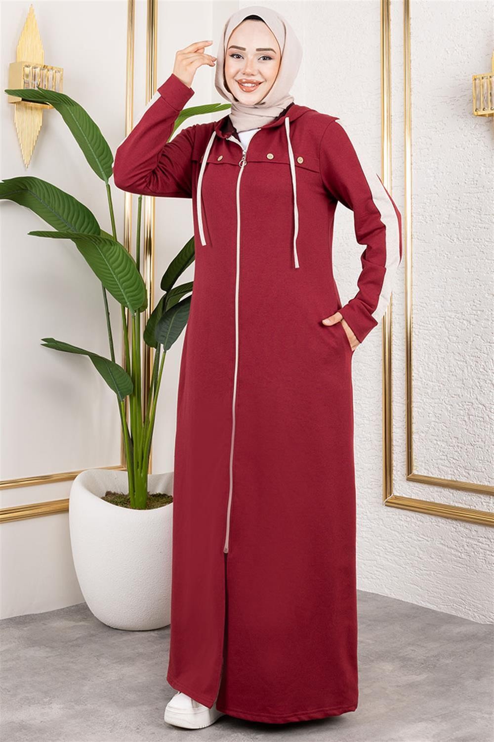 Kuş Gözü Şerit Detay Spor Ferace BORDO