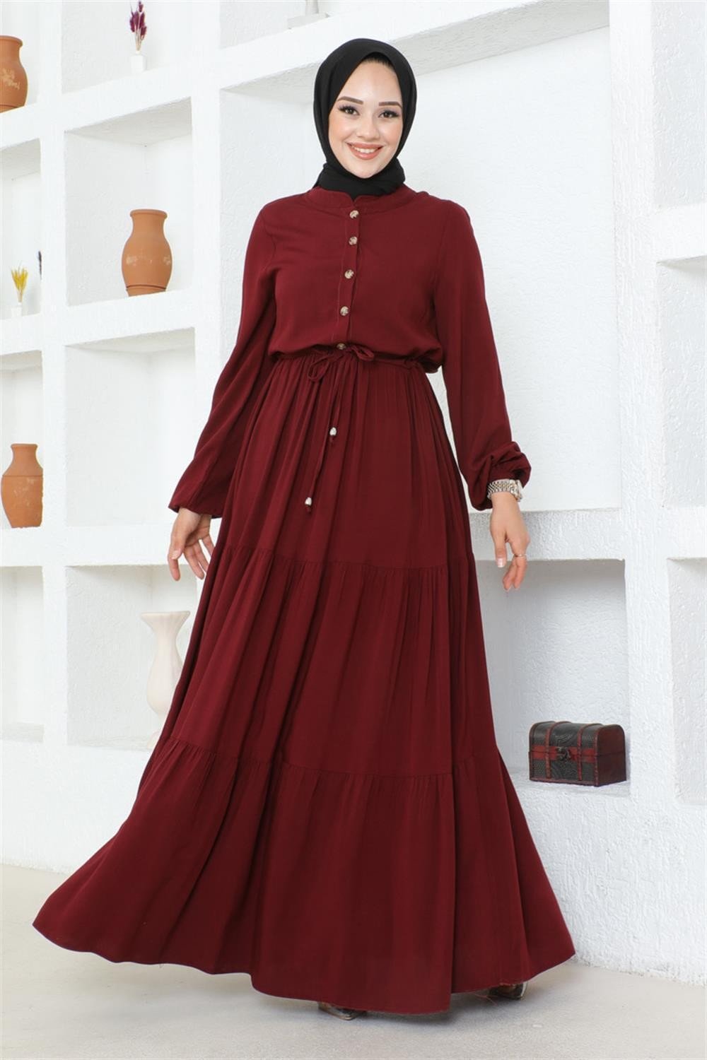 Belden Bağcıklı Viskon Elbise  BORDO